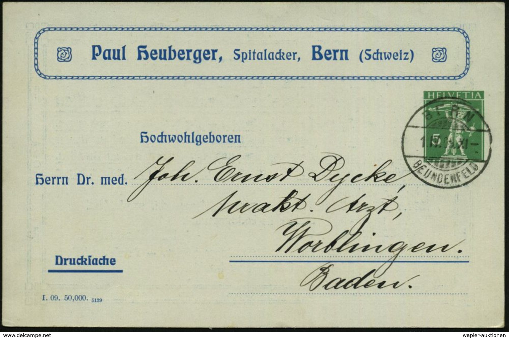 PHARMAZIE / MEDIKAMENTE : SCHWEIZ 1909 (1.4.) PP 5 C. Tellknabe, Grün: P. Heuberger, Alpenmilch-Kephirpastillen.. Reinku - Pharmacie