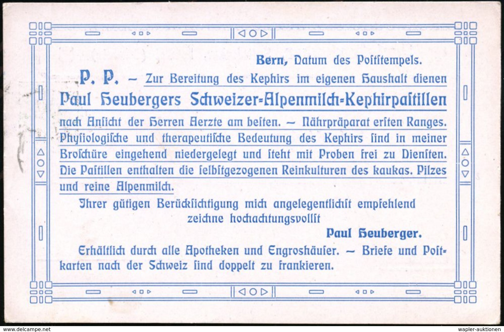 PHARMAZIE / MEDIKAMENTE : SCHWEIZ 1909 (26.4.) Reklame-PP 5 C. Tellknabe, Grün: Paul Heuberger.. Alpenmilch-Kephirpastil - Pharmacie