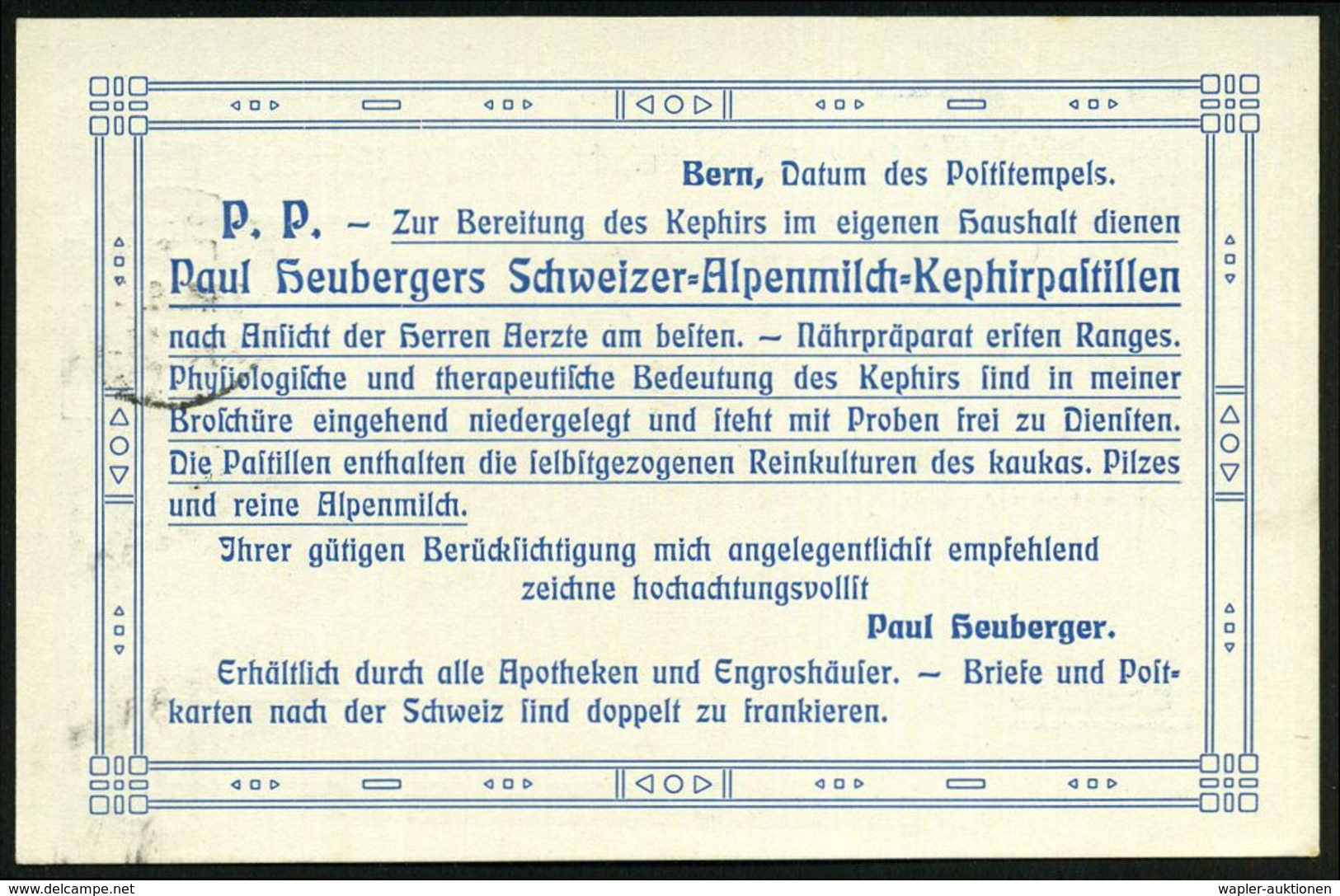 PHARMAZIE / MEDIKAMENTE : SCHWEIZ 1909 (5.8.) PP 3 C. Tellknabe, Braun: P. Heuberger, Alpenmilch-Kephirpastillen.. Reink - Pharmacie