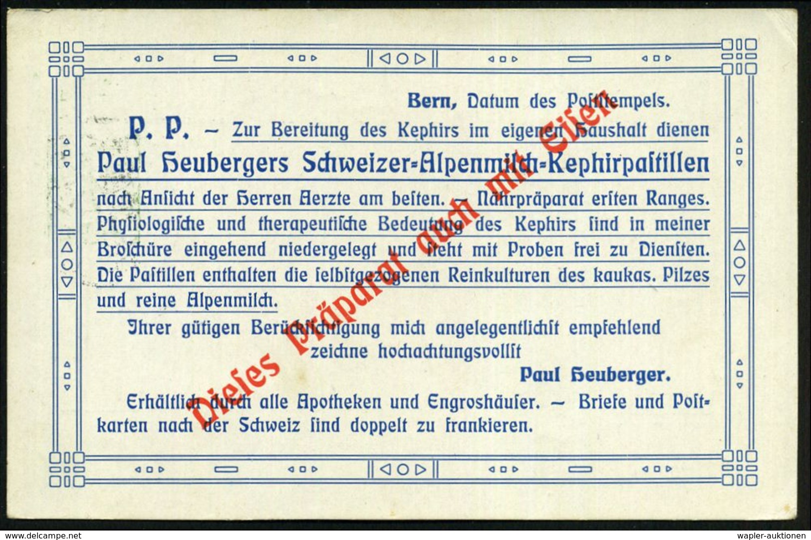 PHARMAZIE / MEDIKAMENTE : SCHWEIZ 1910 (7.4.) Reklame-PP 5 C. Tellknabe, Grün: Paul Heuberger.. Alpenmilch-Kephirpastill - Pharmacie