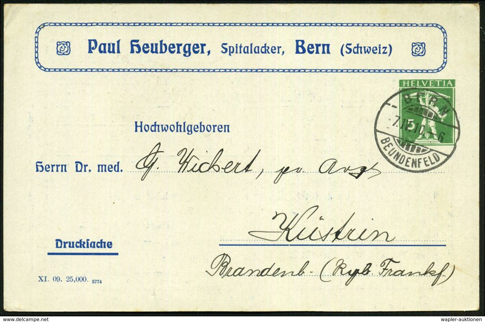 PHARMAZIE / MEDIKAMENTE : SCHWEIZ 1910 (7.4.) Reklame-PP 5 C. Tellknabe, Grün: Paul Heuberger.. Alpenmilch-Kephirpastill - Pharmacie