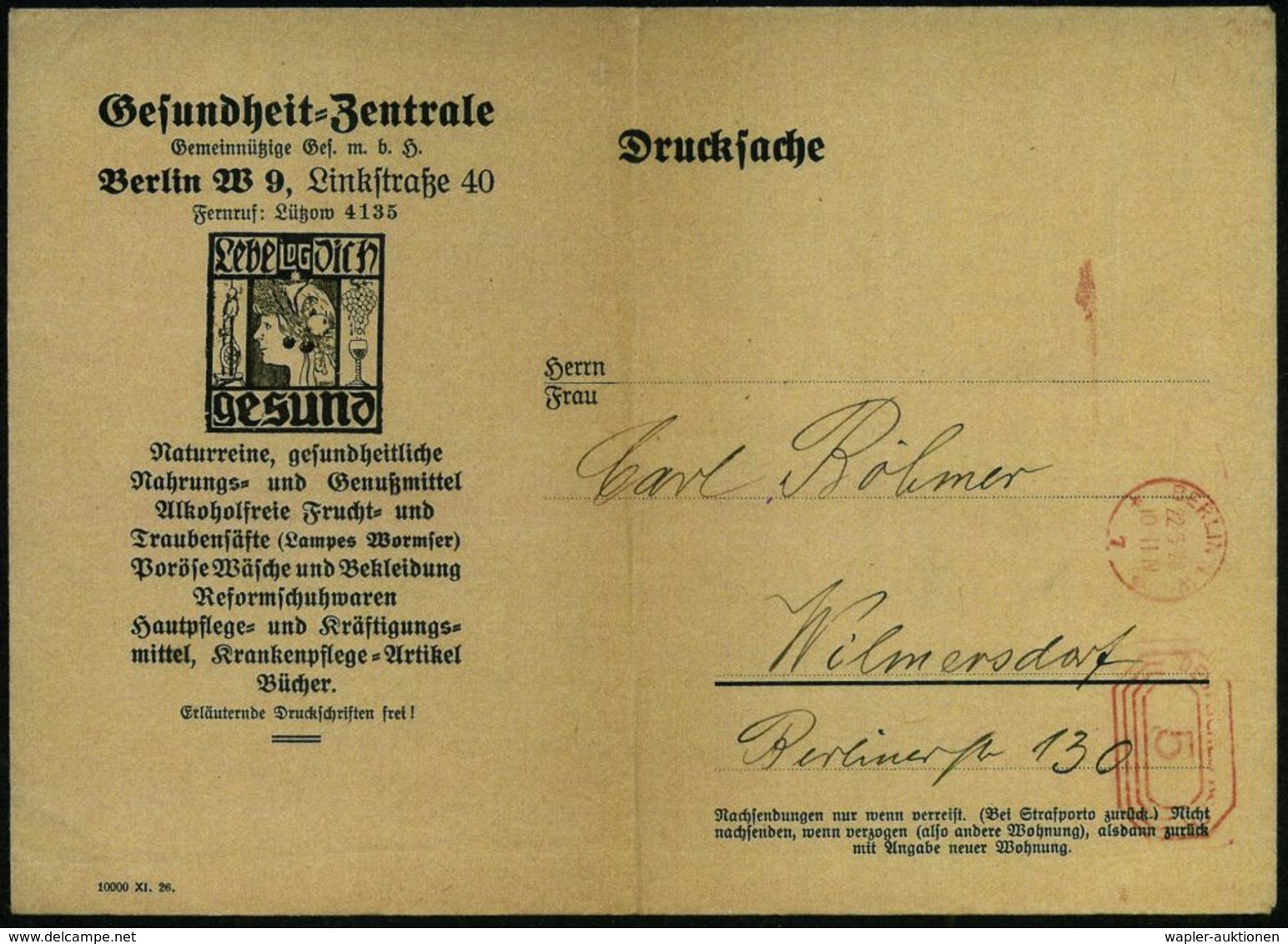 HOMÖOPATHIE / HEILPFLANZEN : BERLIN N.W./ *7III 1928 (22.5.) PFS 5 Pf. Auf Gr. Jugendstil-Reklame-Bf: Gesundheit=Zentral - Medicina