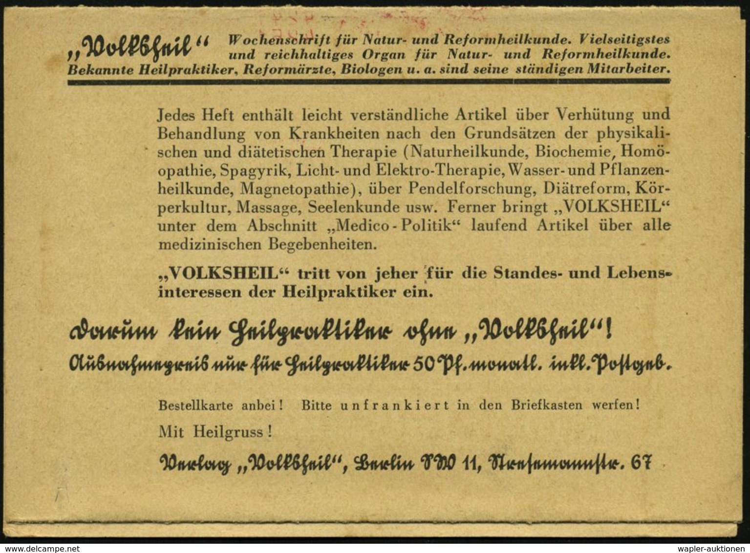 HOMÖOPATHIE / HEILPFLANZEN : BERLIN SW/ 11/ Werbt/ Neue/ Abonennten/ Verlag Volksheil 1932 (4.5.) AFS Auf Dreifach-Rekla - Médecine