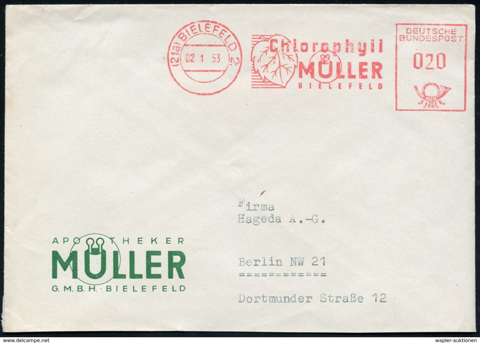 HOMÖOPATHIE / HEILPFLANZEN : (21a) BIELEFELD 2/ Chlorophyll/ MÜLLER.. 1953 (2.1.) AFS = Blatt Auf Firmen-Bf.: APOTHEKER  - Médecine