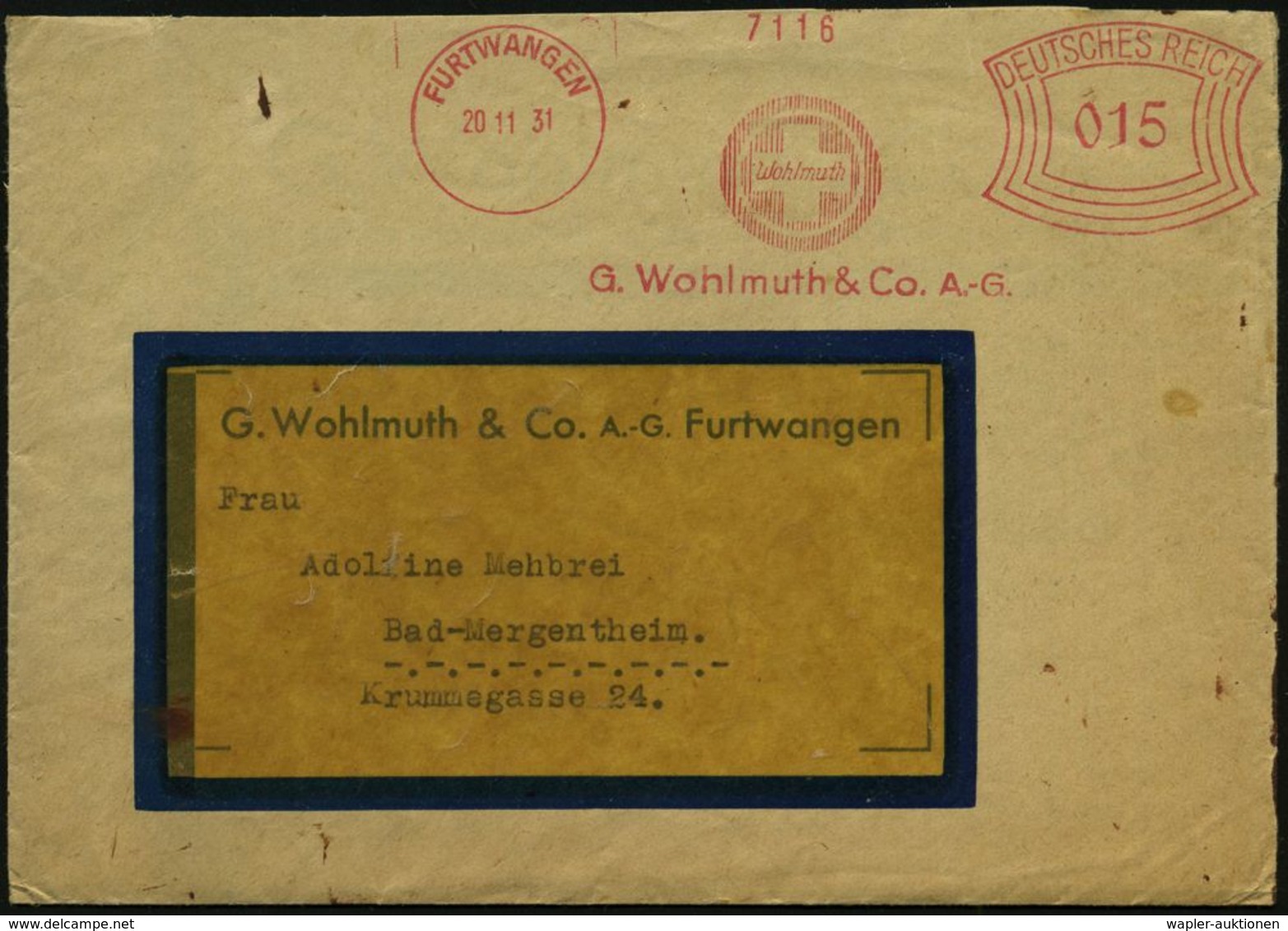 HOMÖOPATHIE / HEILPFLANZEN : FURTWANGEN/ G.Wohlmuth & Co AG. 1931 (20.11.) AFS (weißes Kreuz Auf Rotem Grund) (Bf Rs. Kl - Médecine