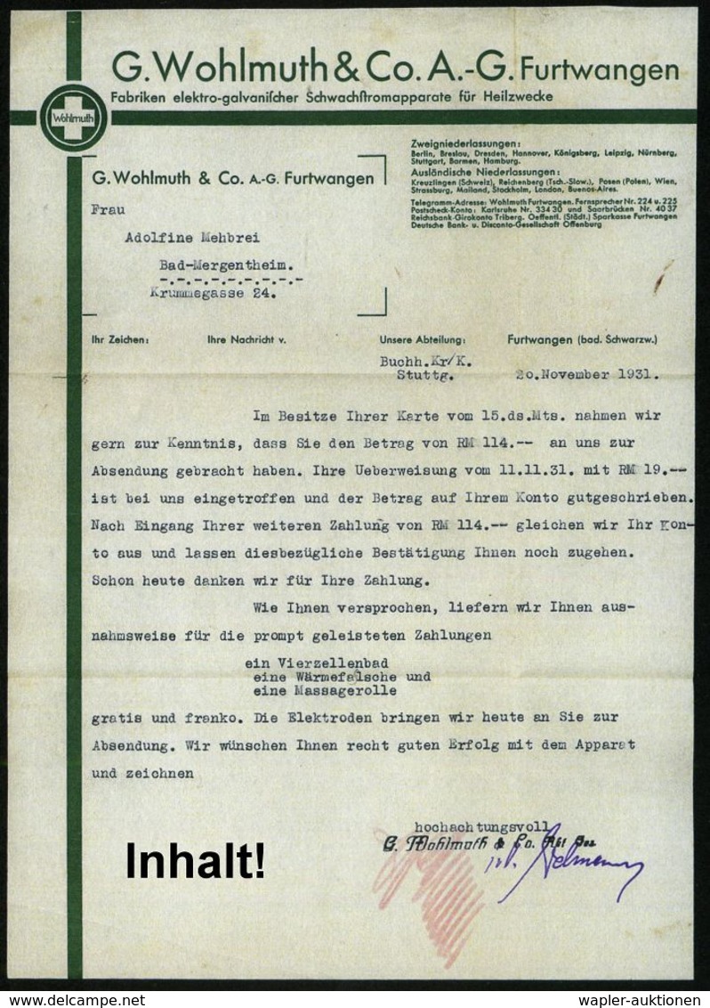 HOMÖOPATHIE / HEILPFLANZEN : FURTWANGEN/ G.Wohlmuth & Co AG. 1931 (20.11.) AFS (weißes Kreuz Auf Rotem Grund) (Bf Rs. Kl - Médecine