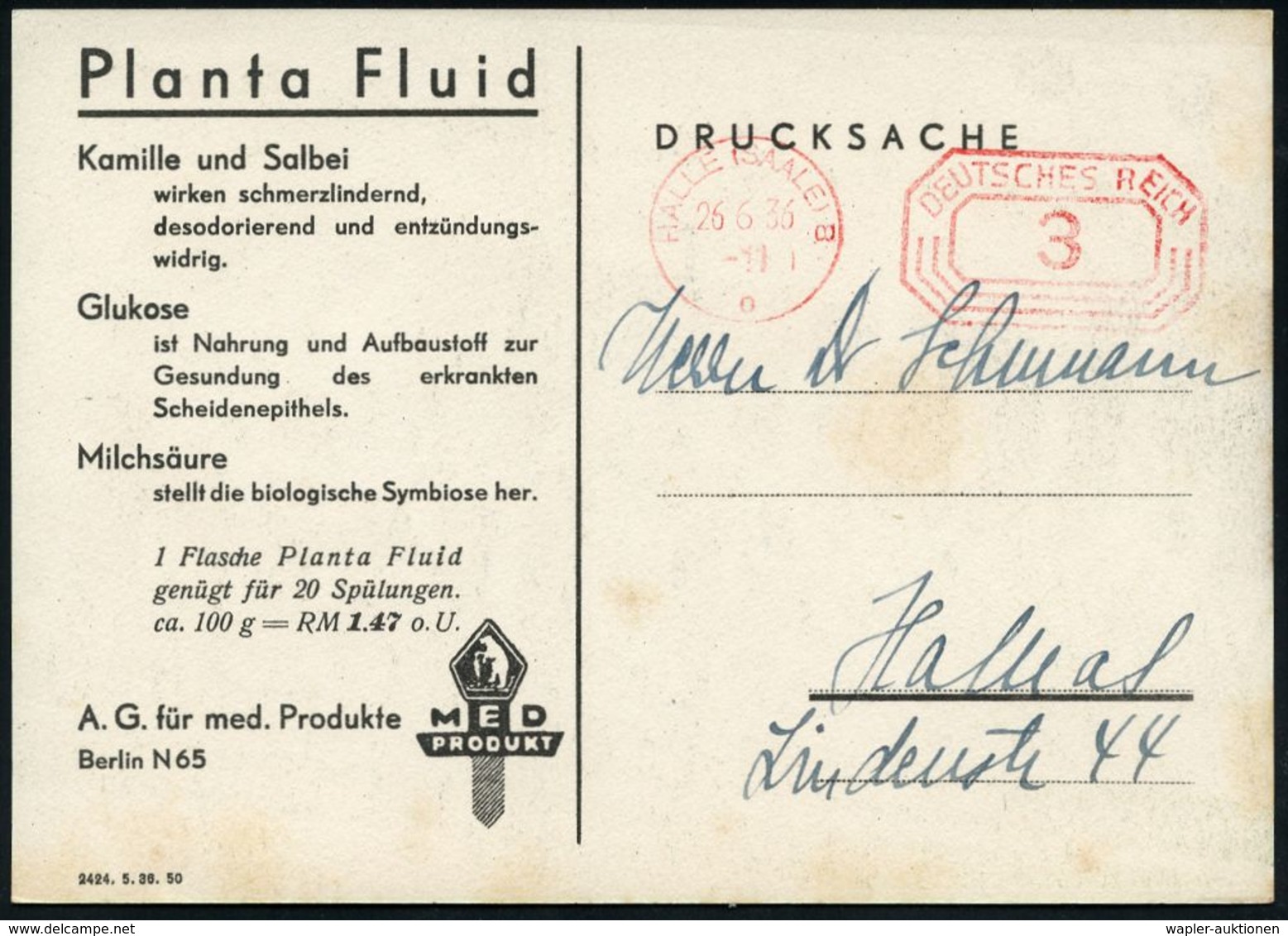 HOMÖOPATHIE / HEILPFLANZEN : HALLE (SAALE) 8/ O/ DEUTSCHES REICH 1936 (26.6.) PFS 3 Pf. Achteck Auf Zweifarbiger Reklame - Medicina