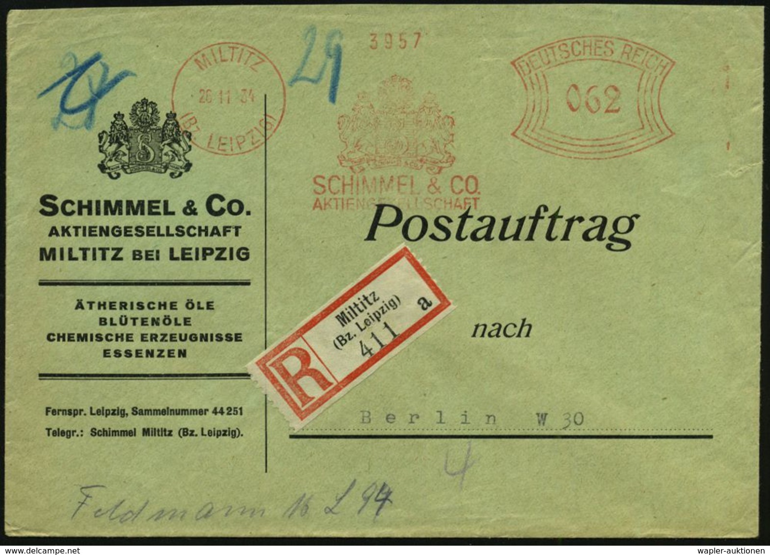 HOMÖOPATHIE / HEILPFLANZEN : MILTITZ/ (Bz.LEIPZIG)/ SCHIMMEL & CO/ AG 1934 (26.11.) AFS 062 Pf. (2 Wappenlöwen M.Monogr. - Médecine