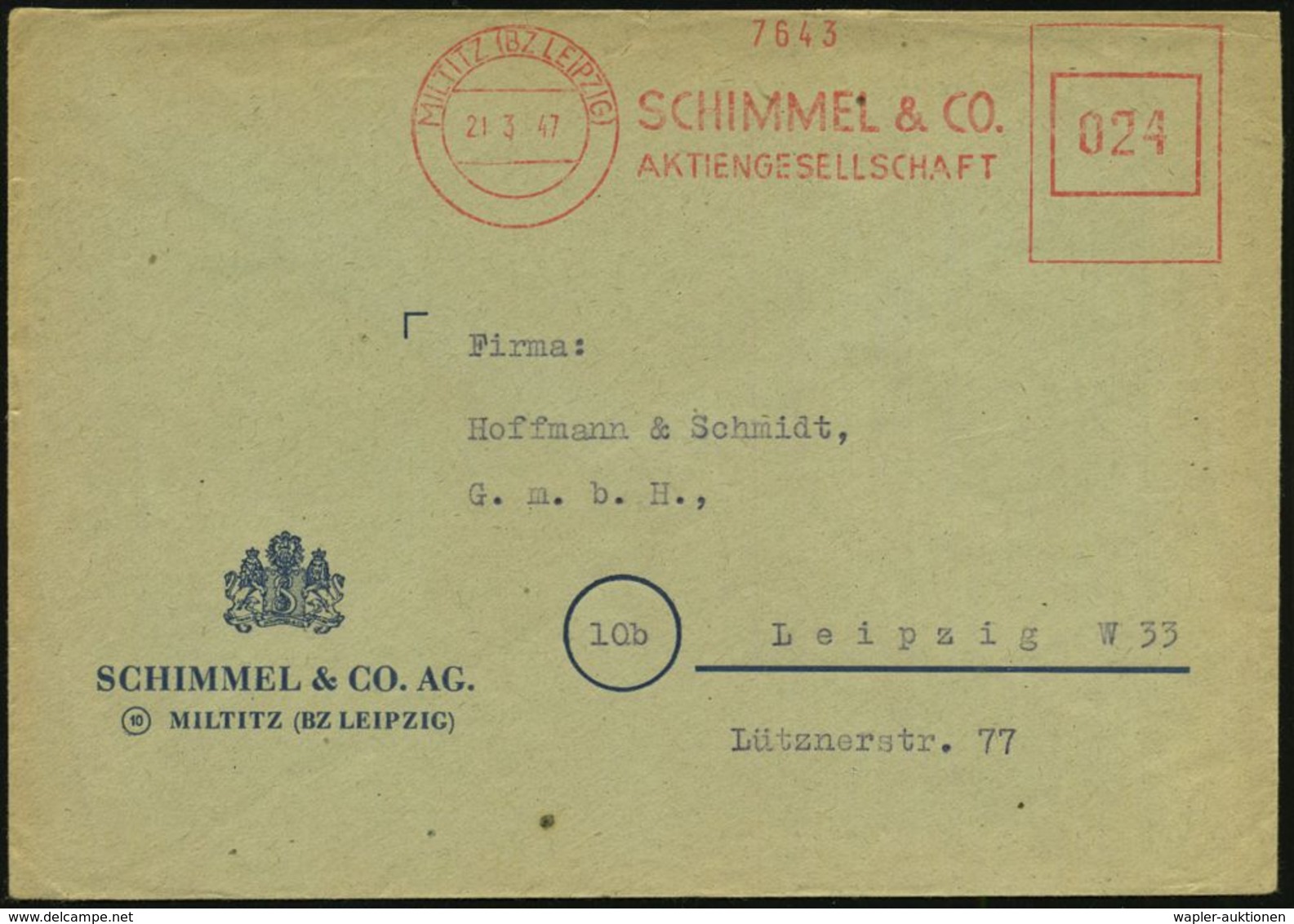 HOMÖOPATHIE / HEILPFLANZEN : MILTITZ (BZ LEIPZIG)/ SCHIMMEL & CO/ AG 1947 (21.3.) Aptierter AFS Francotyp "Reichsadler"  - Médecine