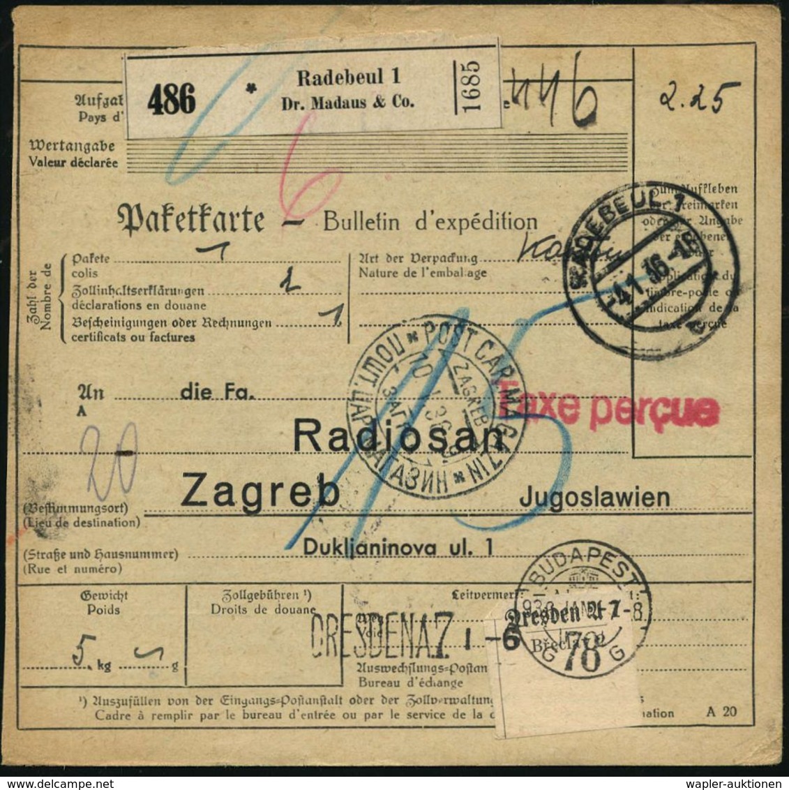HOMÖOPATHIE / HEILPFLANZEN : Radebeul 1/ Dr.Madaus & Co. 1936 (4.1.) Selbstbucher-Paketzettel + Roter 1L: Taxe Percue +  - Médecine