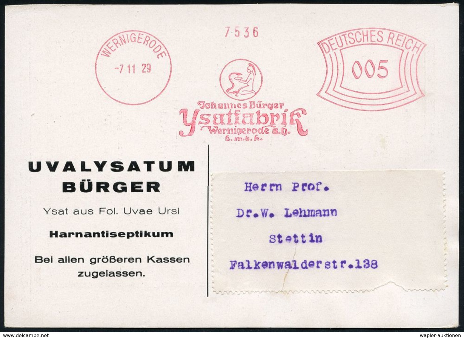 HOMÖOPATHIE / HEILPFLANZEN : WERNIGERODE/ Johannes Bürger/ Ysatfabrik.. 1929 (7.11.) Dekorativer AFS = Antike Figur Mit  - Medicina