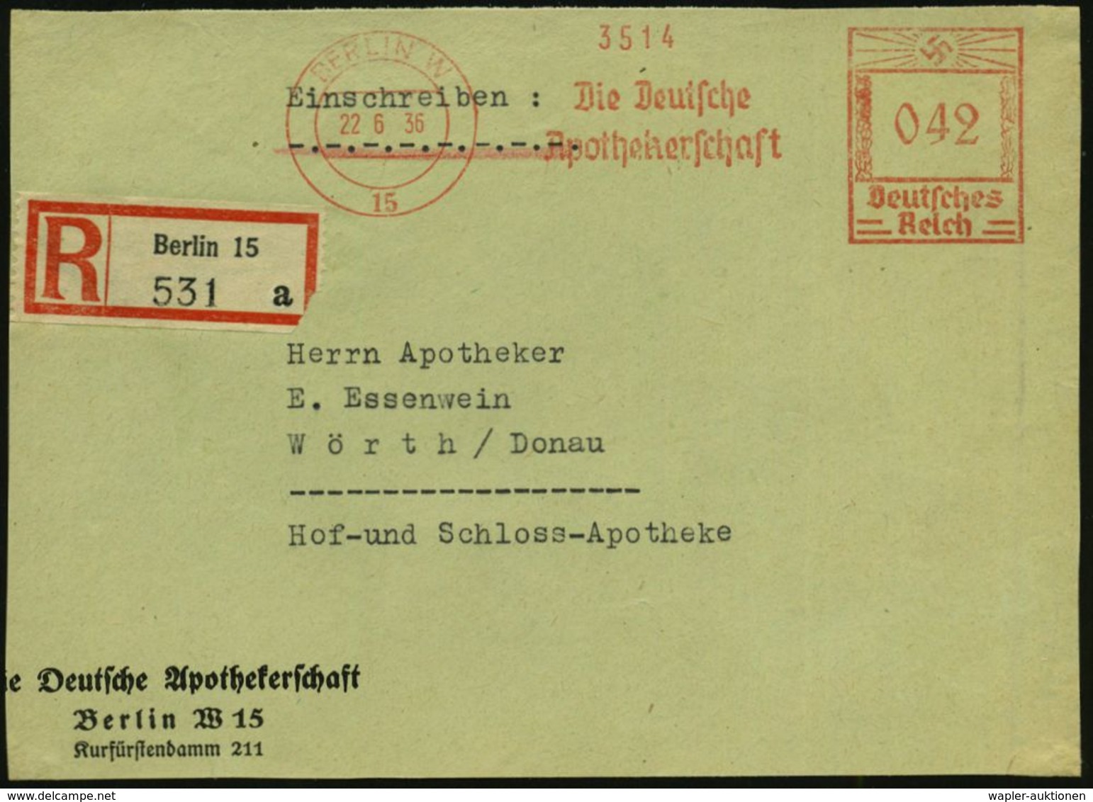 APOTHEKE / DROGERIE : BERLIN W/ 15/ Die Deutsche/ Apothekerschaft 1936 (22.6.) AFS 042 Pf. + RZ: Berlin 15/a (kleiner Ec - Pharmacie