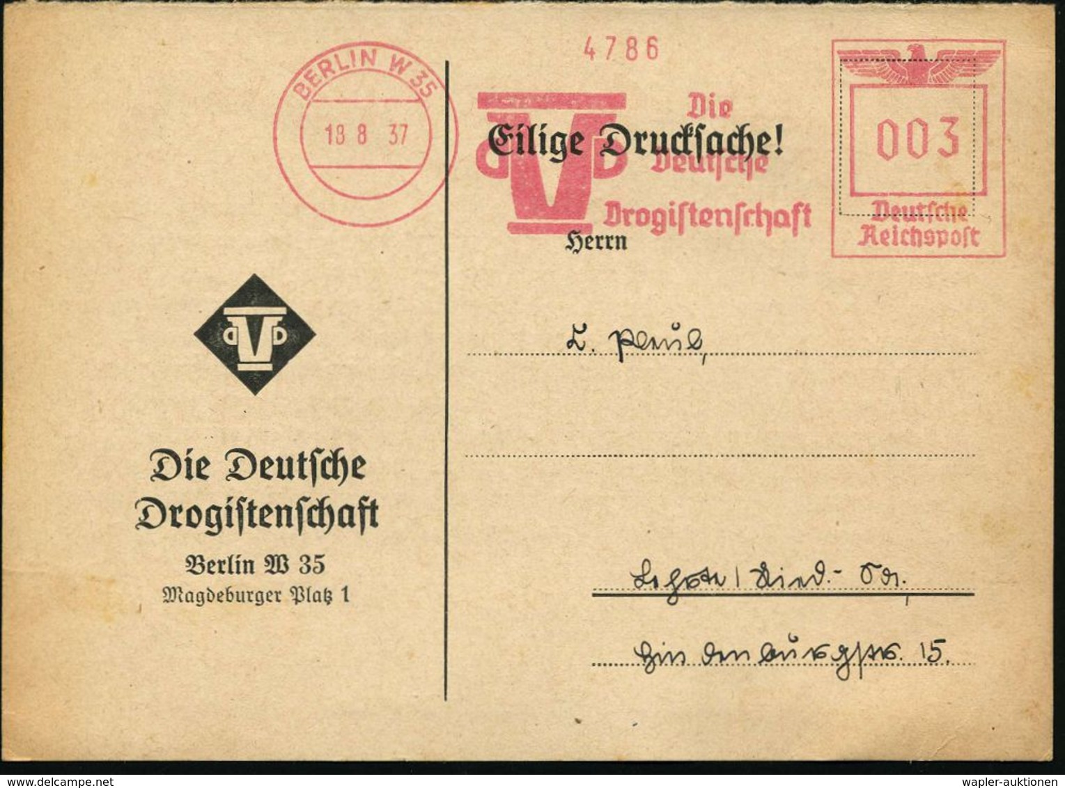 APOTHEKE / DROGERIE : BERLIN W35/ Die/ Deutsche/ Drogistenschaft 1937 (12.7.) AFS (Logo = Stilis. Mörser) Klar Gest. (ha - Pharmacie