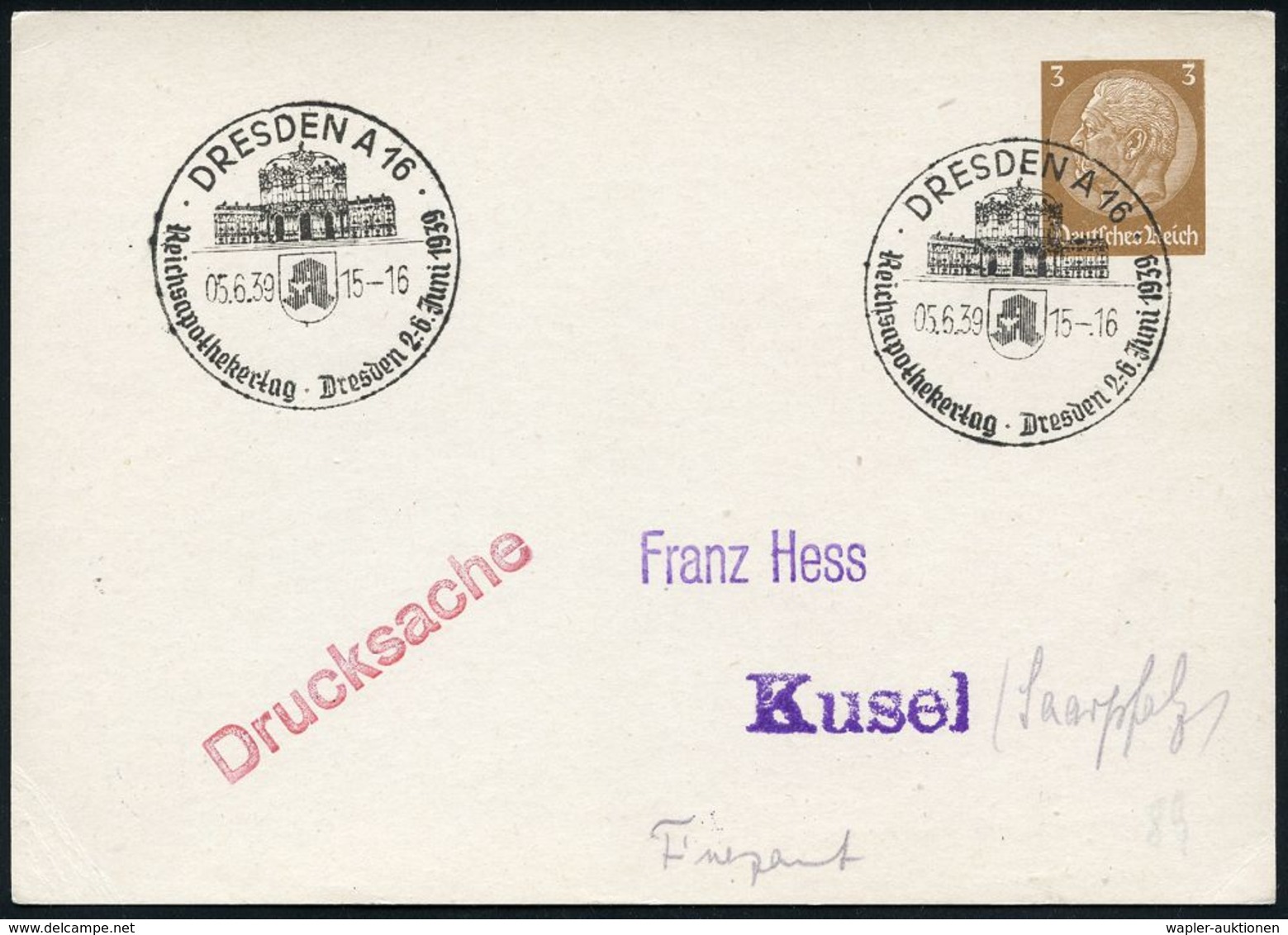 APOTHEKE / DROGERIE : DRESDEN A 16/ Reichsapothekertag.. 1939 (5.6.) SSt (Monogr. U. Zwinger) Auf PP 3 Pf. Hindenbg. (bl - Pharmacie