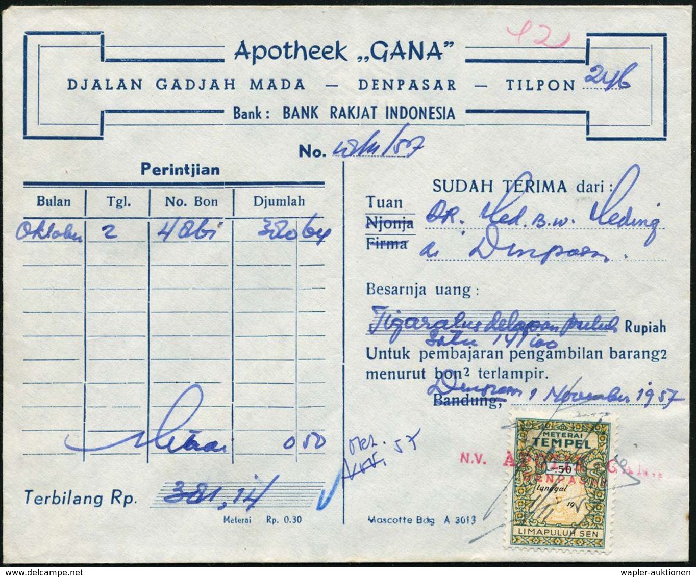 APOTHEKE / DROGERIE : INDONESIEN 1957 (Nov.) Fiskalmarke 50 Sen. + Roter 2L: DENPASAR.. + Hs. Entwertung Auf Apotheken-U - Pharmacy