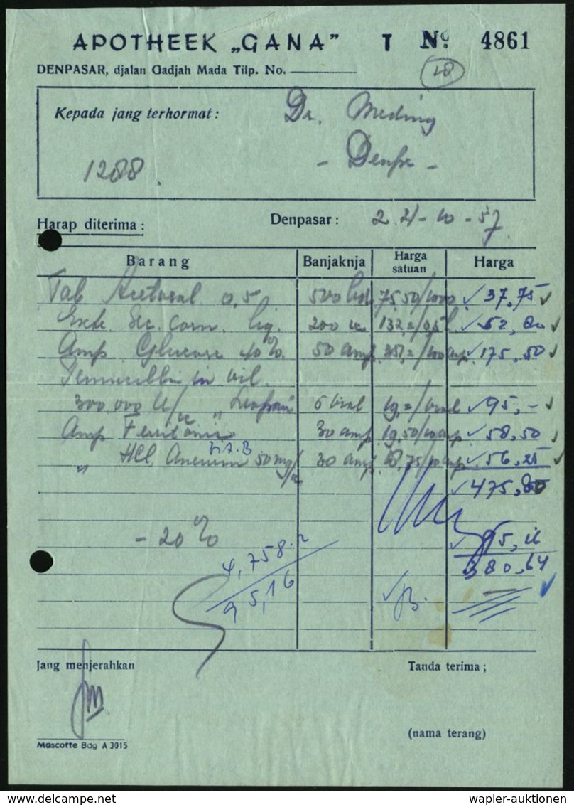 APOTHEKE / DROGERIE : INDONESIEN 1957 (Nov.) Fiskalmarke 50 Sen. + Roter 2L: DENPASAR.. + Hs. Entwertung Auf Apotheken-U - Pharmacie