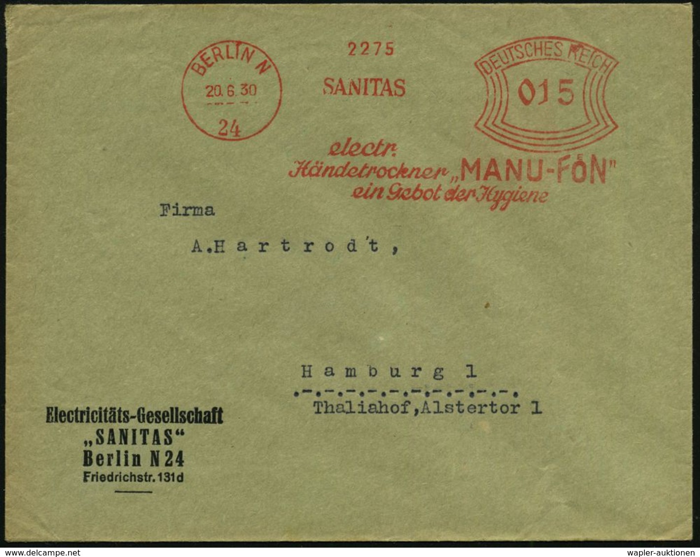 HYGIENE / KÖRPERPFLEGE : BERLIN N/ 24/ SANITAS/ Electr./ Händetrockner "MANU-FOEN"/ Ein Gebot Der Hygiene 1930 (20.6.) A - Pharmacy