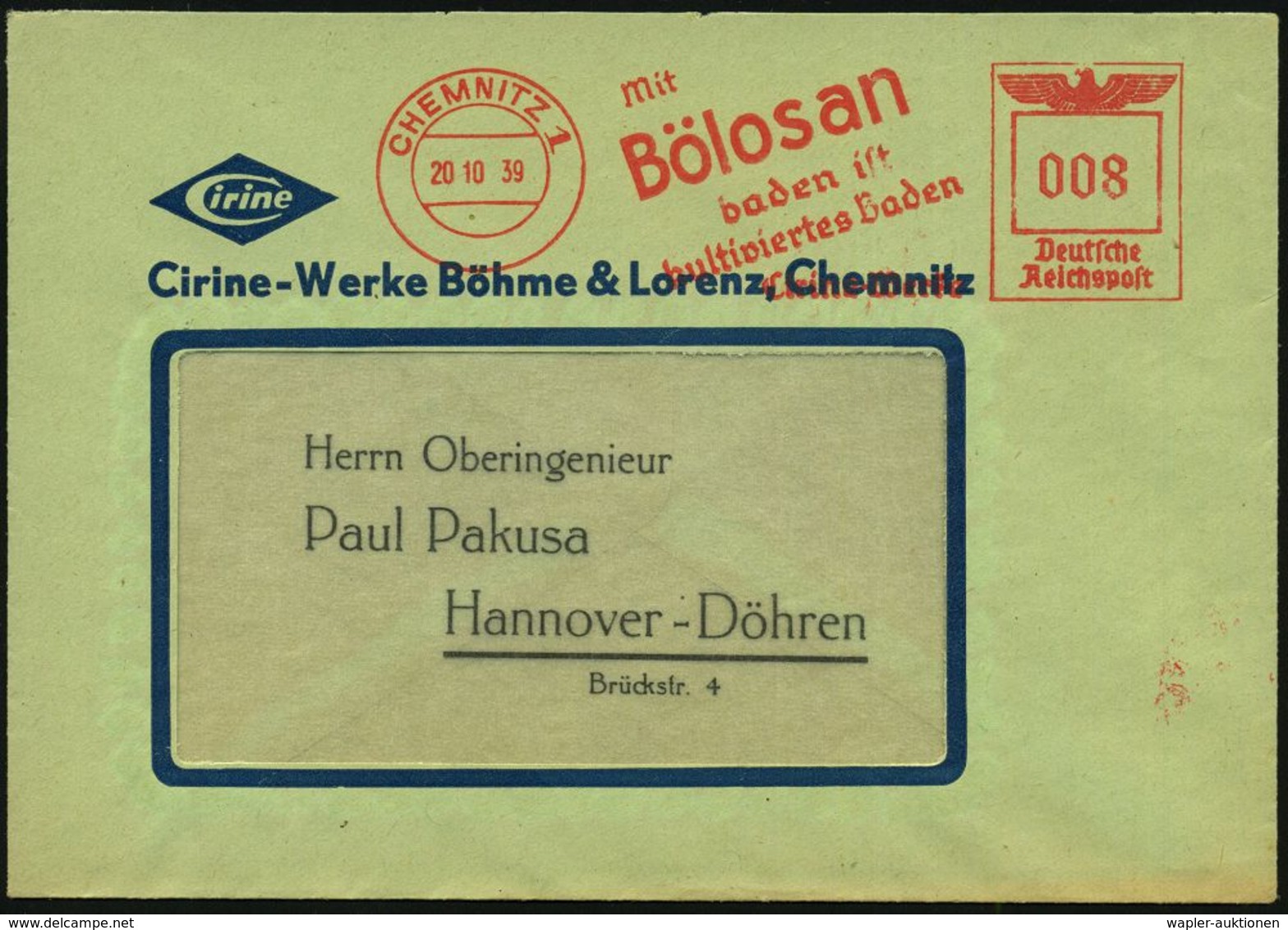 HYGIENE / KÖRPERPFLEGE : CHEMNITZ 1/ Mit/ Bölosan/ Baden Ist/ Kultiviertes Baden.. 1939 (20.10.) AFS Klar Auf Firmen-Bf. - Pharmazie