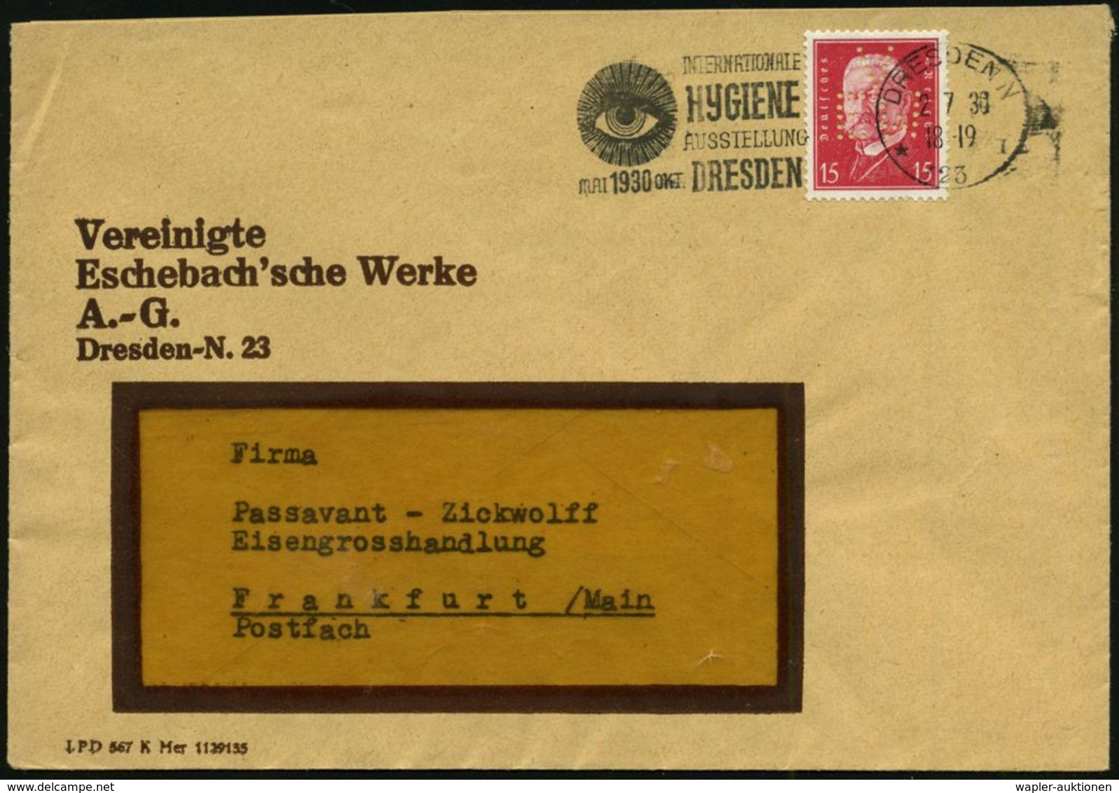 HYGIENE / KÖRPERPFLEGE : DRESDEN N/ *23 I/ INT./ HYGIENE/ AUSSTELLUNG 1930 (2.7.) MWSt = Auge (Pupillen Mit 2 Ringen) EF - Pharmacy