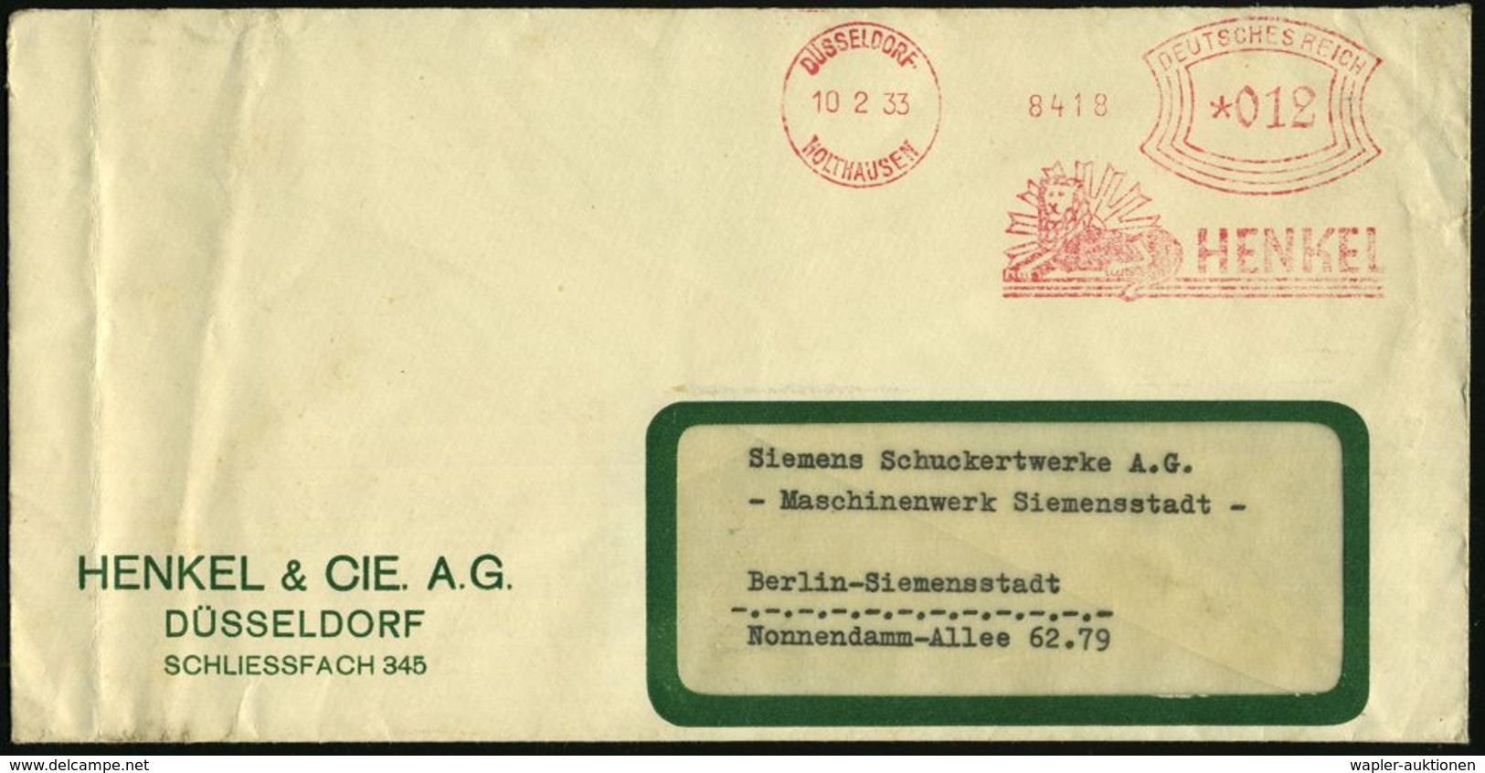 HYGIENE / KÖRPERPFLEGE : DÜSSELDORF-/ HOLTHAUSEN/ HENKEL 1933 (10.2.) AFS = Gr. Löwe (vor Sonne = Firmen-Logo) Firmen-Bf - Pharmacy