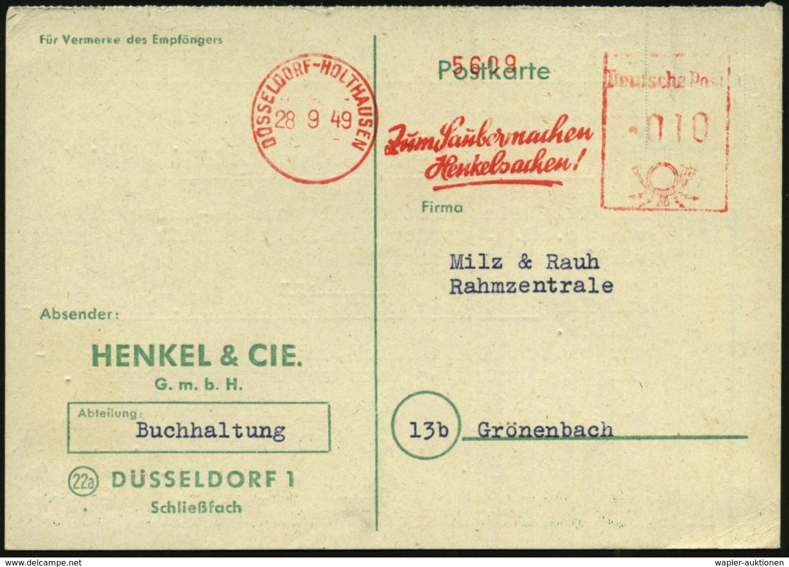 HYGIENE / KÖRPERPFLEGE : DÜSSELDORF-HOLTHAUSEN/ Zum Saubermachen/ Henkelsachen! 1949 (28.9.) AFS Auf Firmen-Kt.: HENKEL  - Pharmacie