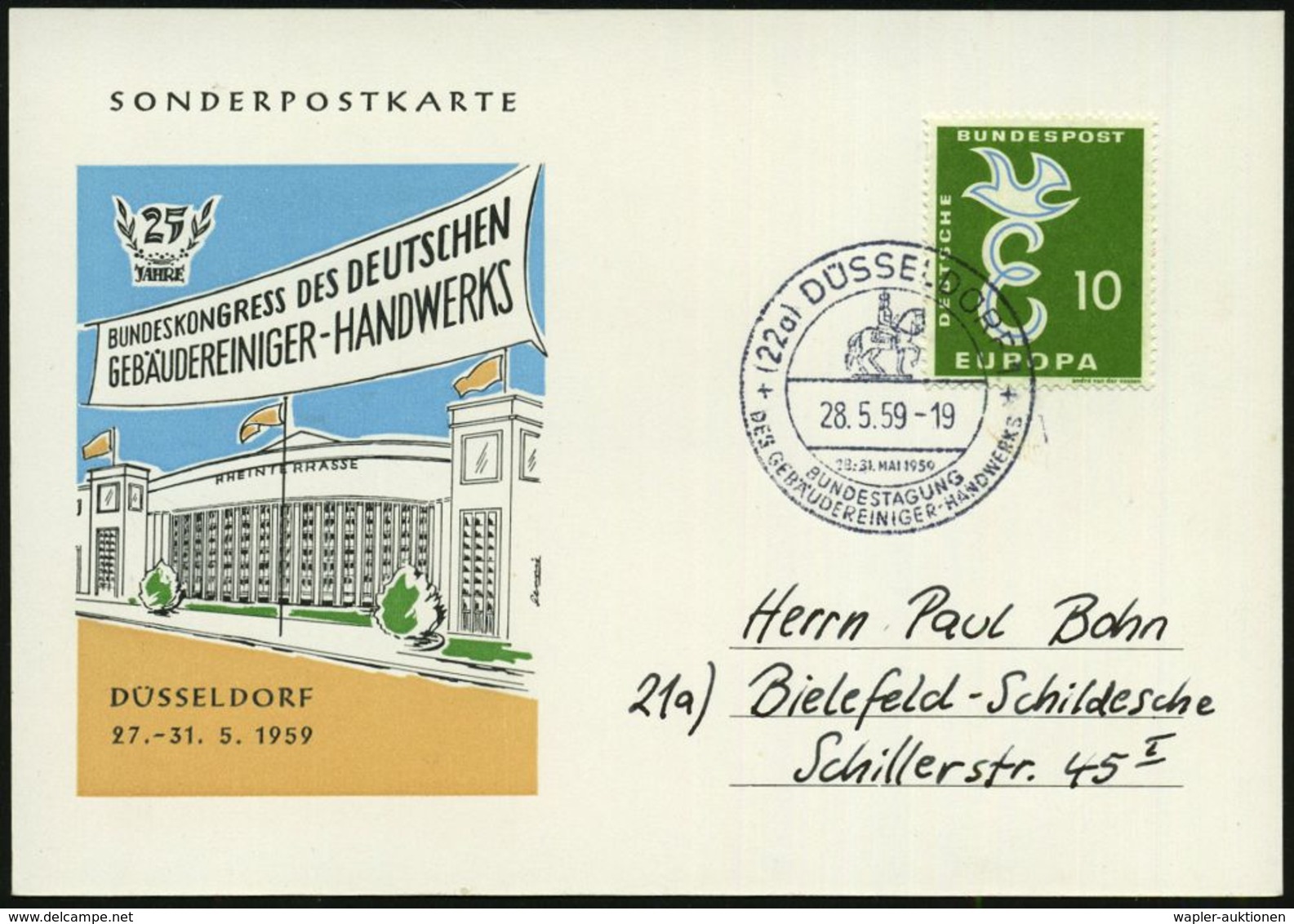 HYGIENE / KÖRPERPFLEGE : (22a) DÜSSELDORF/ BUNDESTAGUNG/ DES GEBÄUDEREINIGER-HANDWERKES 1959 (28.5.) SSt (Reiter-Denkmal - Farmacia