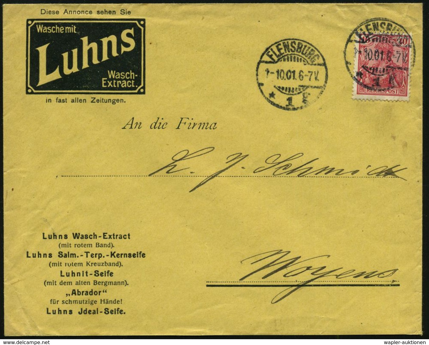 HYGIENE / KÖRPERPFLEGE : FLENSBURG/ *1g 1901 (1.10.) 1K-Gitter Auf Reklame-Bf.: Luhns Wasch-Extract Vs./rs. (rs. Kaminke - Pharmacie