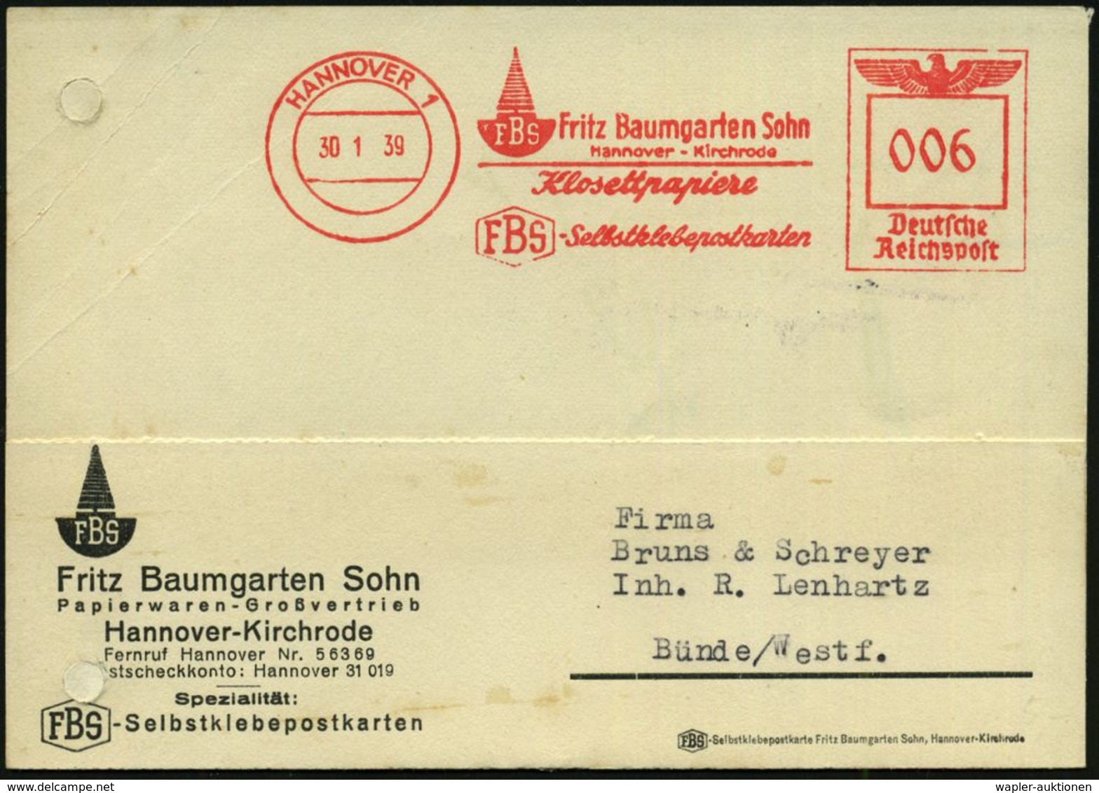 HYGIENE / KÖRPERPFLEGE : HANNOVER 1/ FBS Fritz Baumgarten Sohn/ Klosettpapier/ FBS-Selbstklebepostkarten 1939 (30.1.) AF - Pharmacy