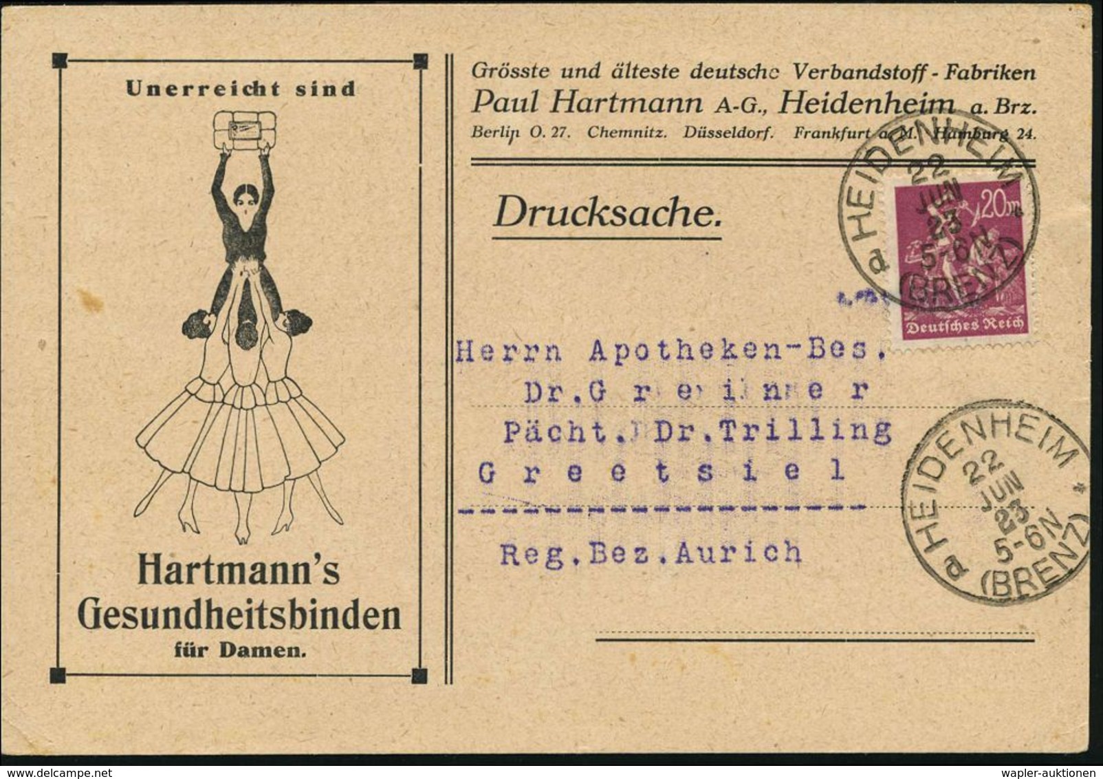 HYGIENE / KÖRPERPFLEGE : HEIDENHEIM/ D*/ (BRENZ) 1923 (22.6.) 1K Auf Reklame-Kt.: Hartmann's Gesundheitsbinden Für Damen - Pharmacie