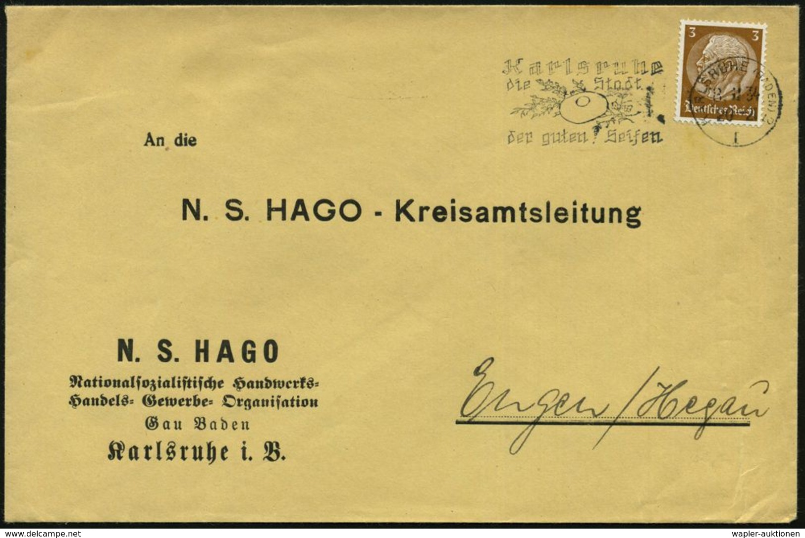 HYGIENE / KÖRPERPFLEGE : KARLSRUHE (BADEN)2/ I/ Die Stadt/ Die Guten Seifen 1934 (8.11.) Aptierter MWSt (Blütenzweig, Se - Pharmacie