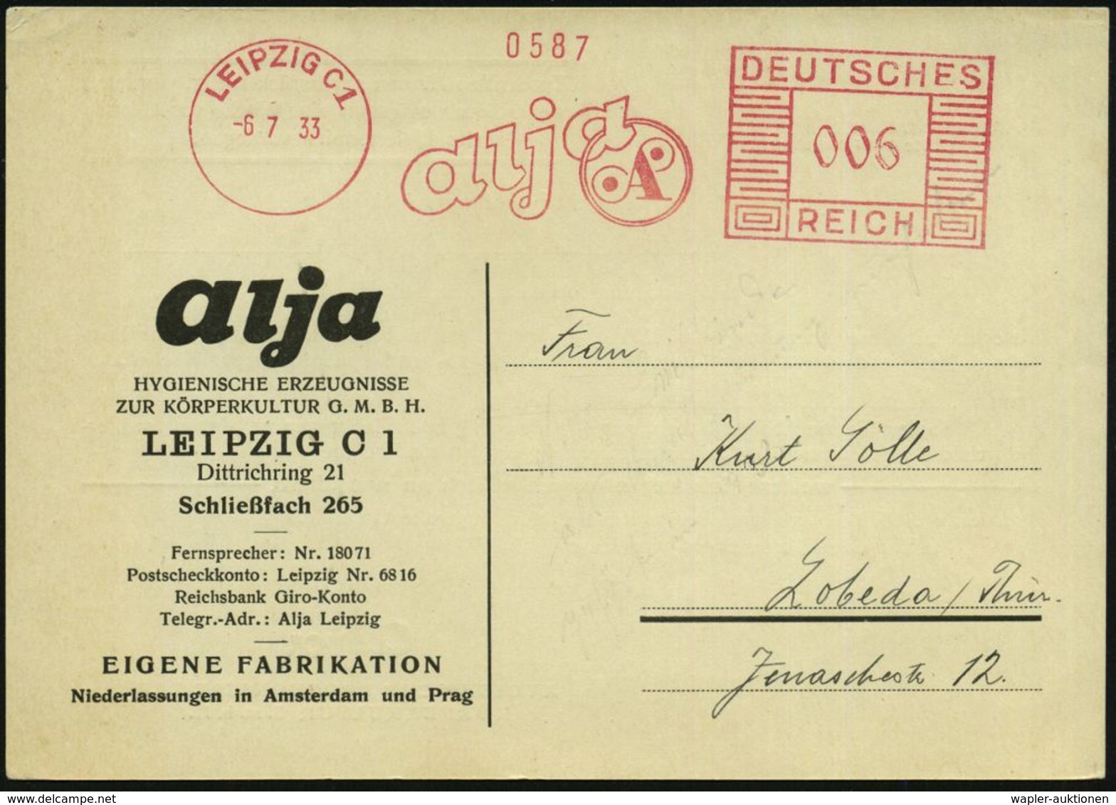 HYGIENE / KÖRPERPFLEGE : LEIPZIG C1/ Alja/ A 1933 (6.7.) AFS (Monogr.-Logo) Dekorative Firmenkt. = Kaufhaus Für Hygienis - Farmacia