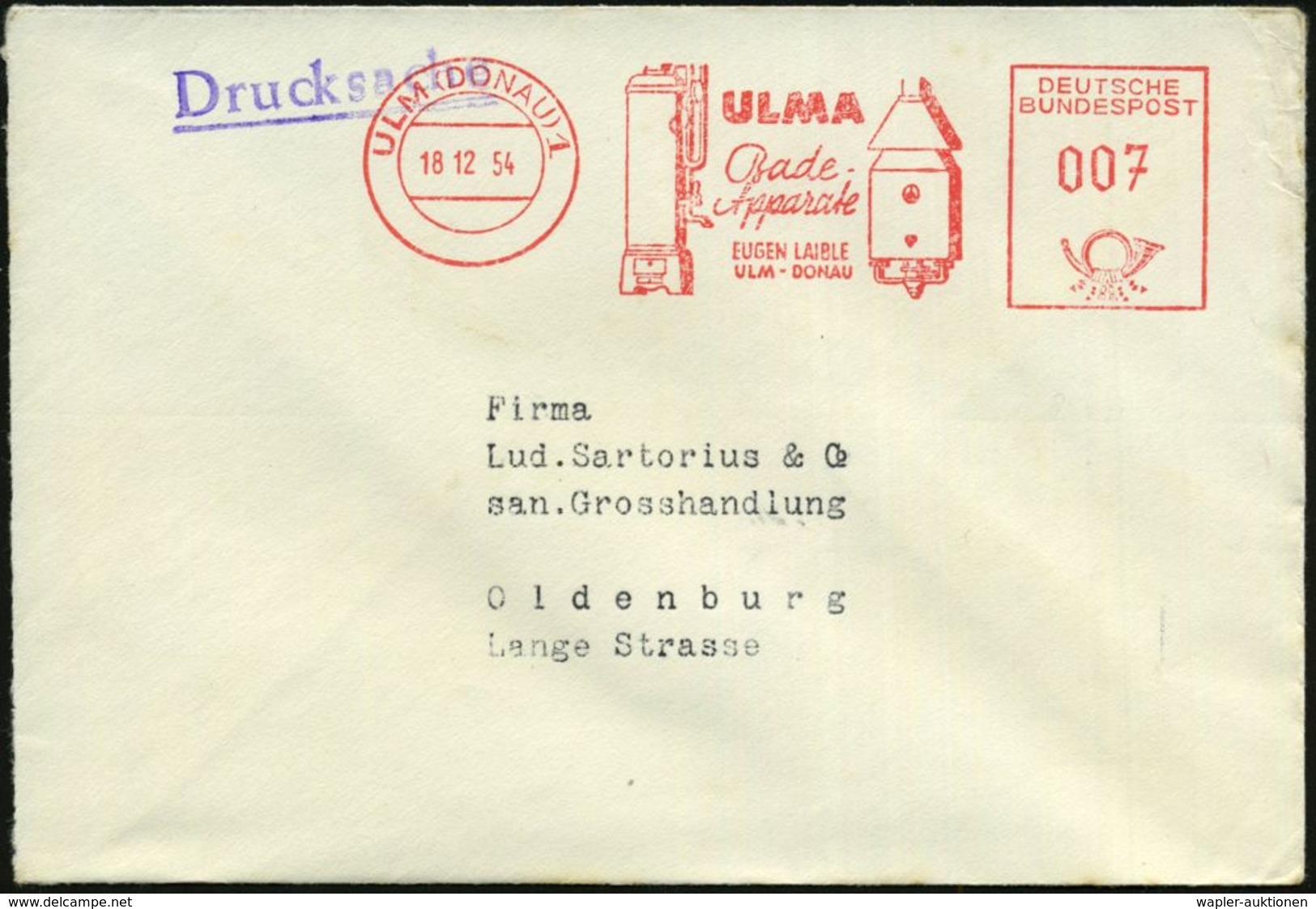 HYGIENE / KÖRPERPFLEGE : ULM (DONAU)1/ ULMA/ Bade-/ Apparate/ EUGEN LAIBLE 1954 (18.12.) AFS = Gastherme U. Kohle-Badeof - Pharmacie