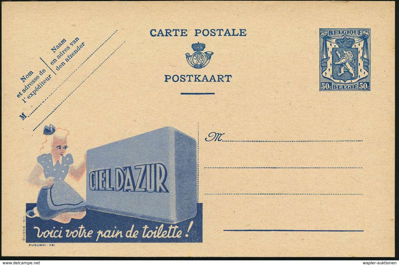 HYGIENE / KÖRPERPFLEGE : BELGIEN 1941 50 C. Reklame-P. Löwe, Blau: CIEL D'AZUR/..pain De Toilette (Hausfrau, Blaue Seife - Pharmacie