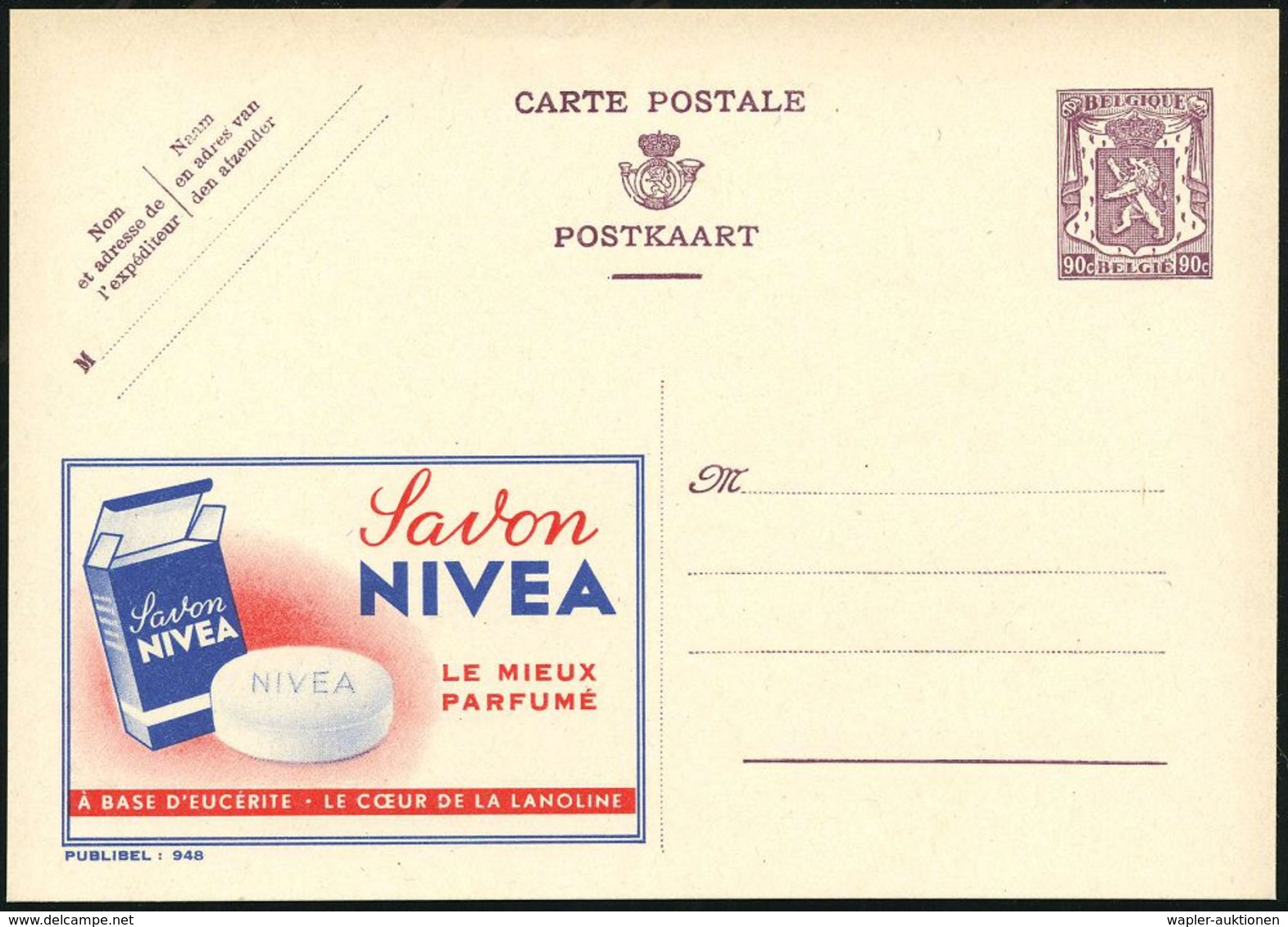 HYGIENE / KÖRPERPFLEGE : BELGIEN 1948 90 C. Reklame-P. Löwe, Braunviol.: Savon NIVEA.. (Nivea-Seife) Französ. Text, Unge - Pharmazie