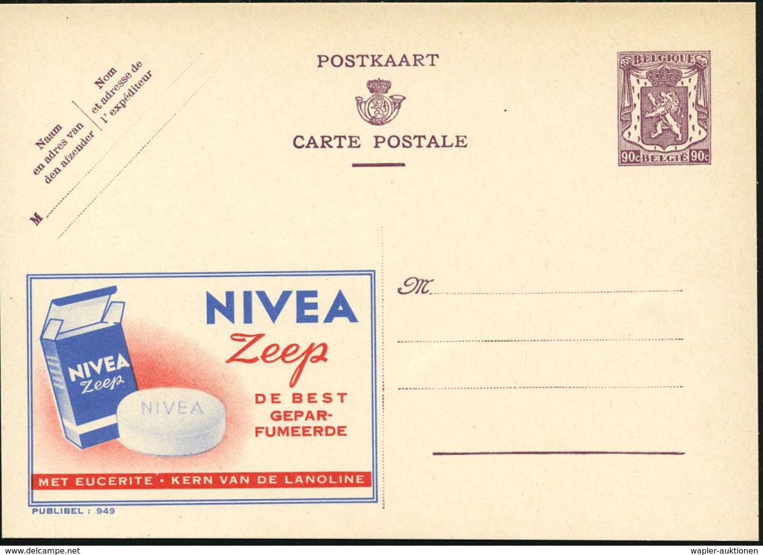 HYGIENE / KÖRPERPFLEGE : BELGIEN 1948 90 C. Reklame-P. Löwe, Braunviol.: NIVEA Zeep.. (Nivea-Seife) Fläm. Text, Ungebr.  - Pharmacie