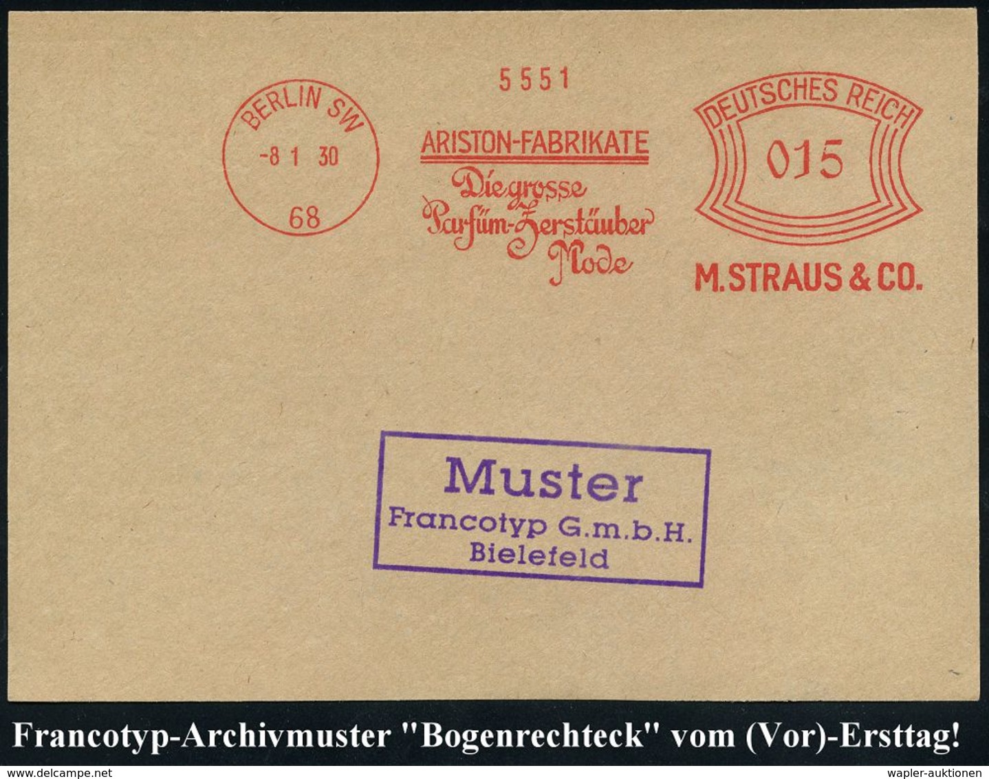 KOSMETIK / PARFÜM : BERLIN SW/ 68/ ARISTON-FABRIKATE/ ..Parfüm-Zerstäuber../ M.STRAUS & CO 1930 (8.1.) AFS, Francotyp-Ar - Farmacia