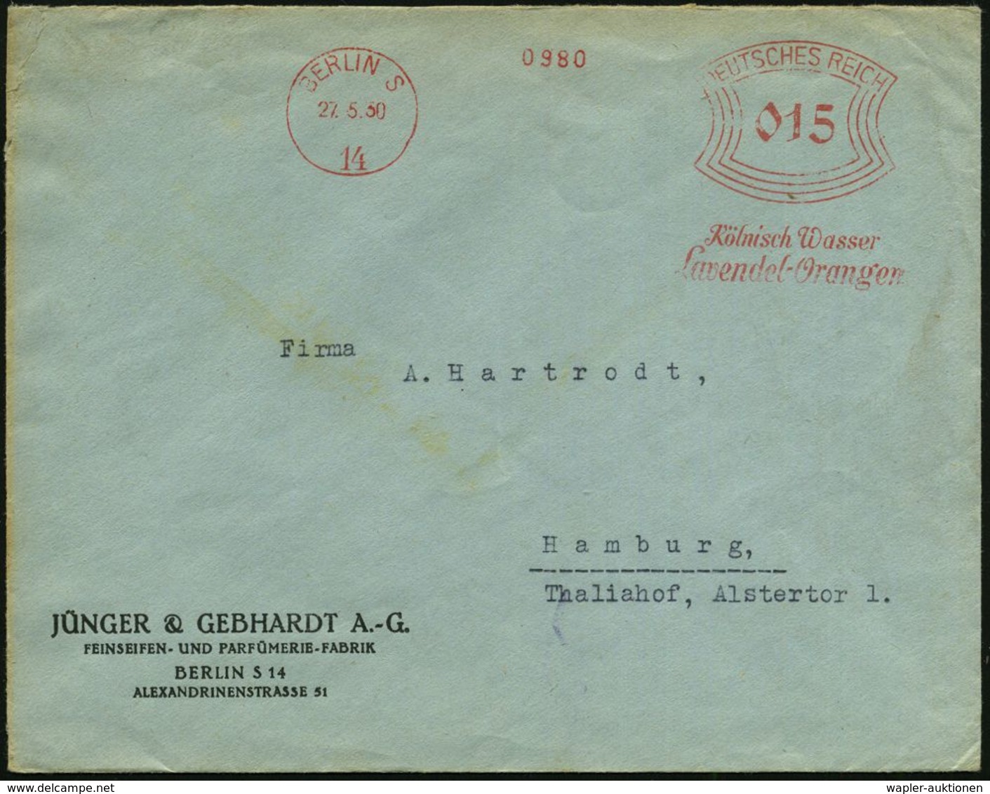 KOSMETIK / PARFÜM : BERLIN S/ 14/ Kölnisch Wasser/ Lavendel-Orangen 1930 (27.5.) AFS Auf Firmen-Bf.: JÜNGER & GEBHARDT A - Farmacia