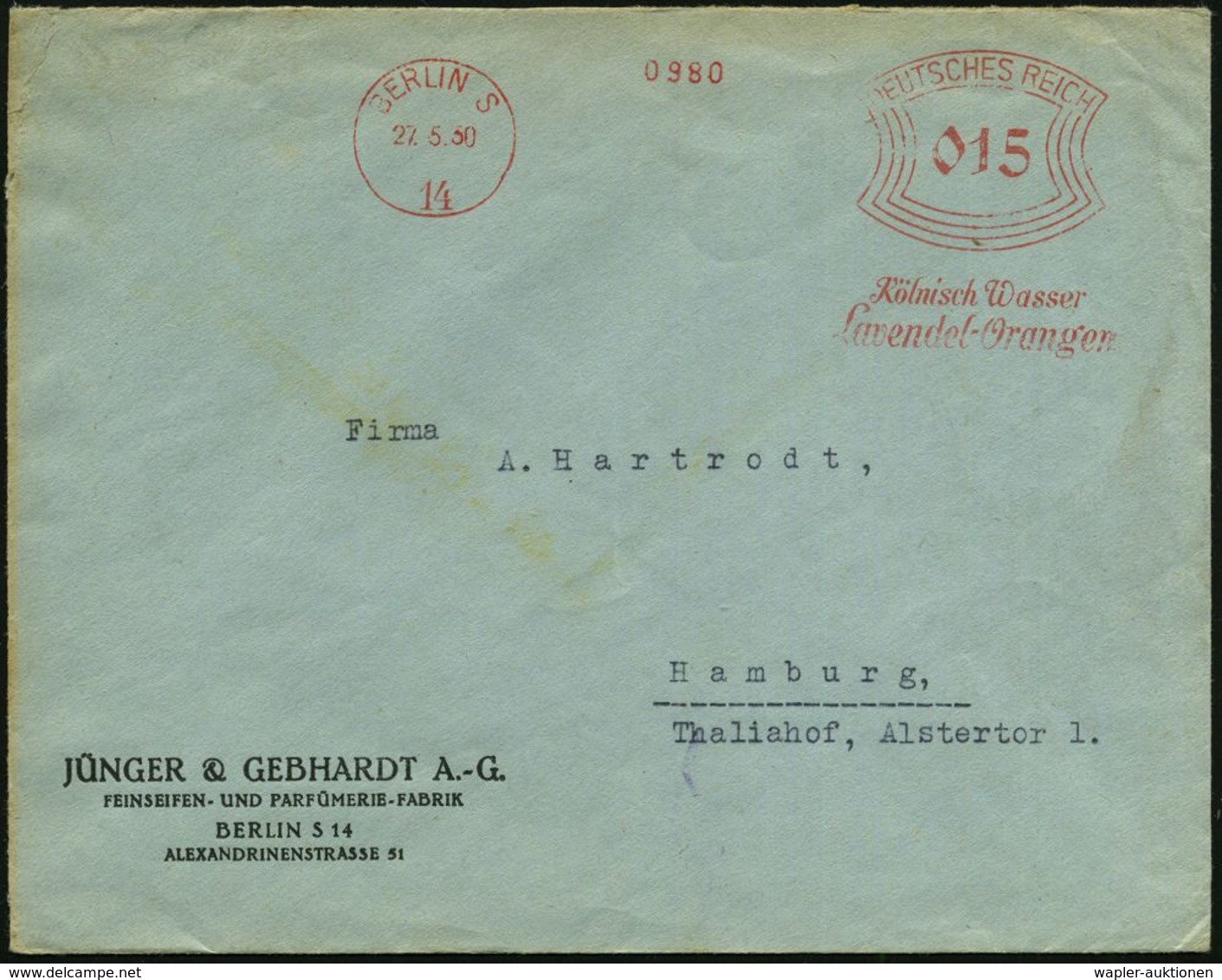 KOSMETIK / PARFÜM : BERLIN S/ 14/ Kölnisch Wasser/ Lavendel-Orangen 1930 (27.5.) AFS Auf Firmen-Bf.: JÜNGER & GEBHARDT A - Pharmacie