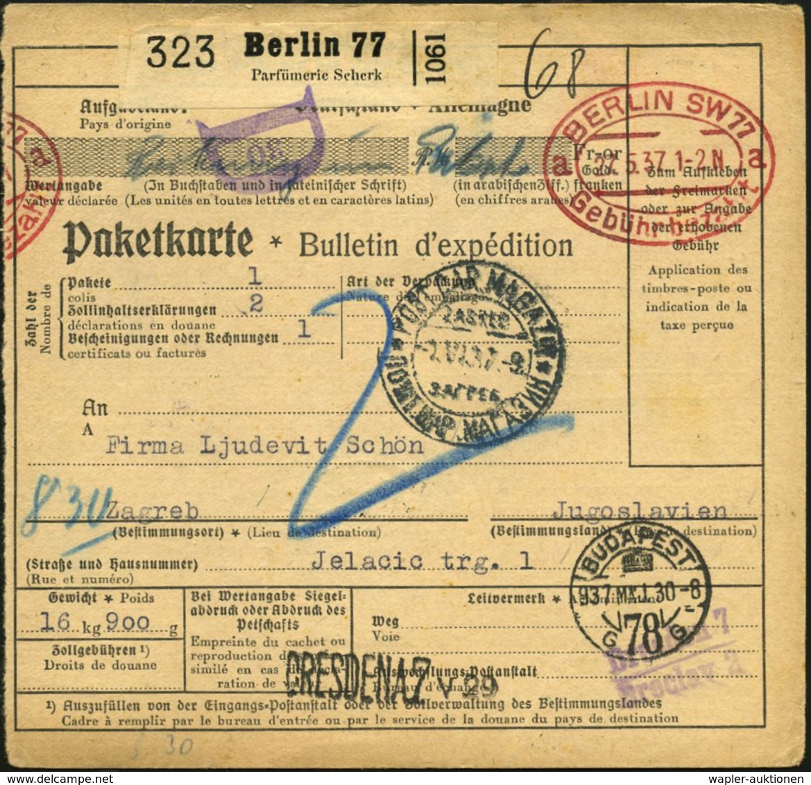 KOSMETIK / PARFÜM : Berlin 77/ Parfümerie Scherk 1937 (27.5.) Selbstbucher-Paketzettel + Ovaler PFS: BERLIN SW77/a A/Geb - Pharmacie