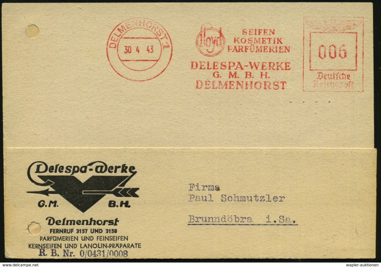 KOSMETIK / PARFÜM : DELMENHORST 1/ Lloyd/ SEIFEN/ KOSMETIK/ PARFÜMERIEN/ DELESPA-WERKE.. 1943 (30.4.) AFS Auf Firmen-Kt. - Pharmazie