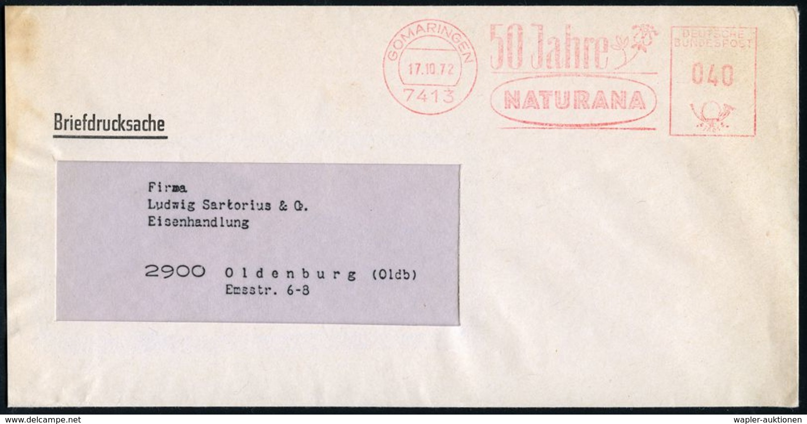 KOSMETIK / PARFÜM : 7413 GOMARINGEN/ 50 Jahre/ NATURANA 1972 (17.10.) Seltener Jubil.-AFS = Heilpflanze (schwaches Fleck - Pharmacy