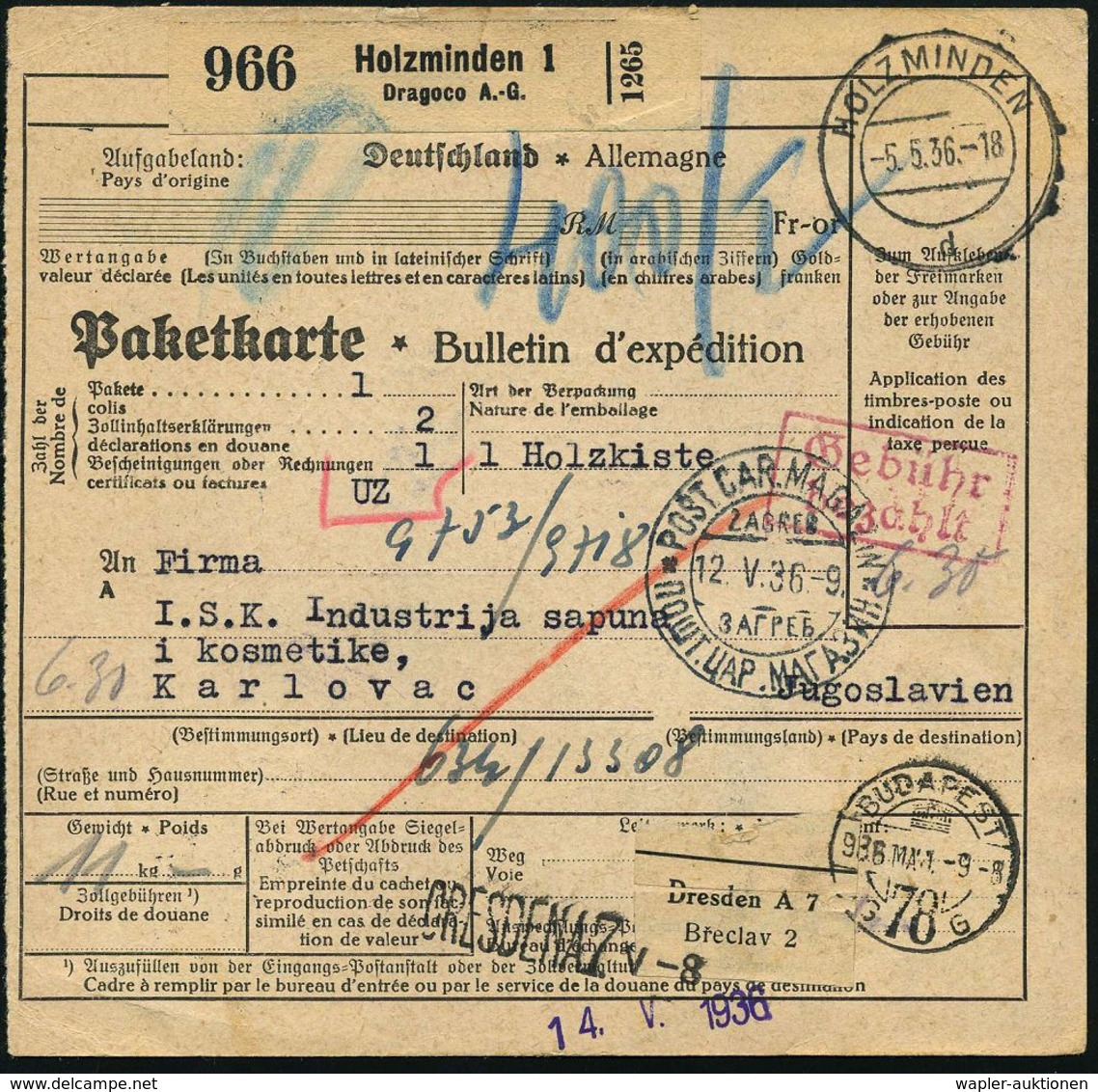 KOSMETIK / PARFÜM : HOLZMINDEN/ D 1936 (5.5.) 2K-Steg + Selbstbucher-Paketzettel: Holzminden 1 / D R A G O C O  A.-G. =  - Pharmazie