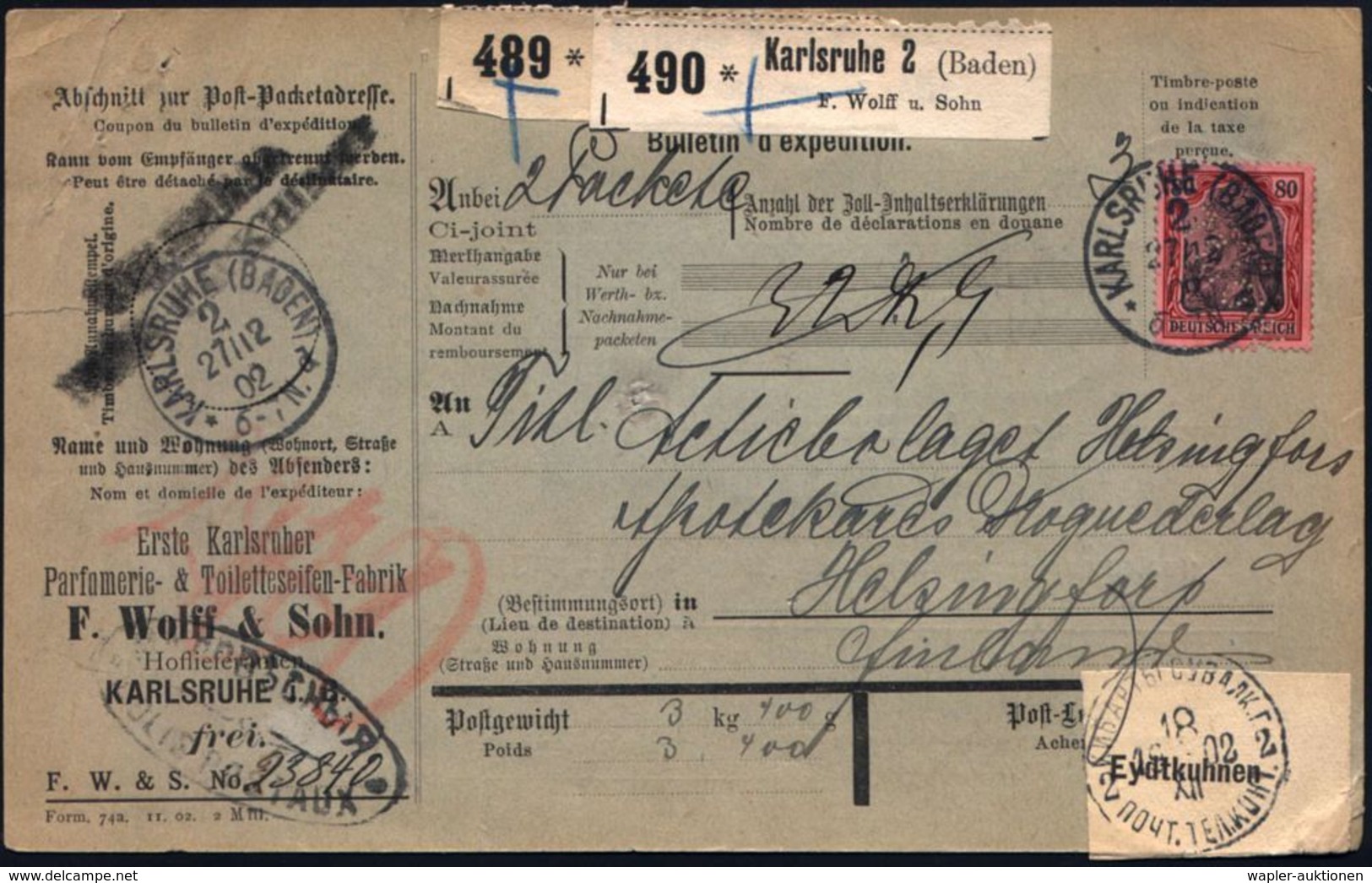 KOSMETIK / PARFÜM : KARLSRUHE (BADEN)/ 2/ *d 1902 (27.12.) 1K A. 80 Pf. Germania M. Firmenlochung "W O L F F" = F. WOLFF - Farmacia