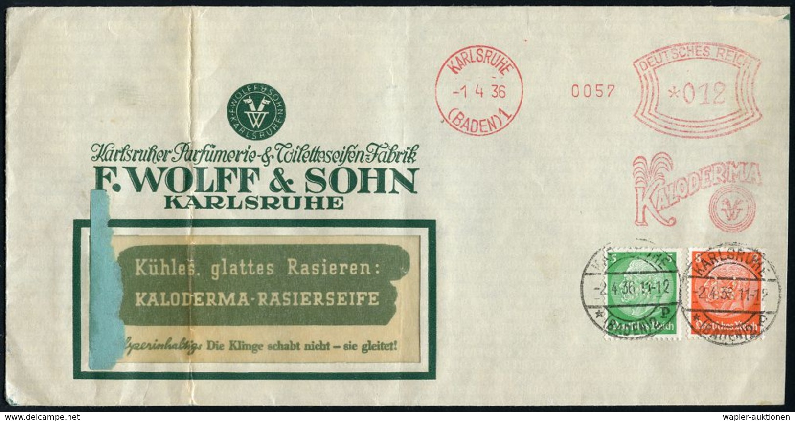 KOSMETIK / PARFÜM : KARLSRUHE/ (BADEN) 1/ KALODERMA 1936 (1.4.) AFS 12 Pf. + Zusatz-Frankatur 5 Pf. U. 8 Pf. Hindenbg. M - Farmacia