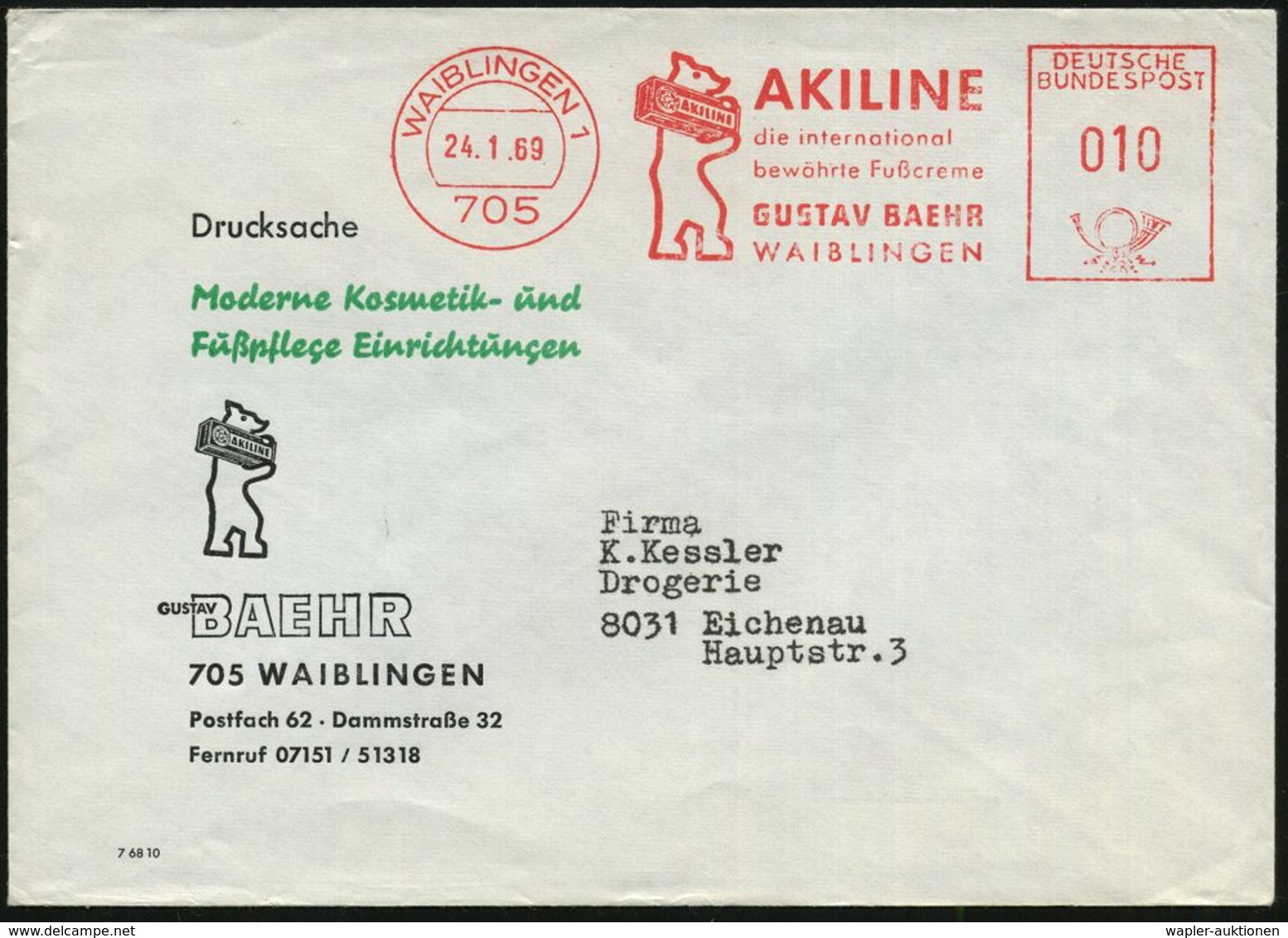 KOSMETIK / PARFÜM : 705 WAIBLINGEN 1/ AKILINE/ ..bewährte Fußcreme/ GUSTAV BAEHR 1969 (24.1.) AFS (= Bär Mit "Akline"-Pa - Pharmacy