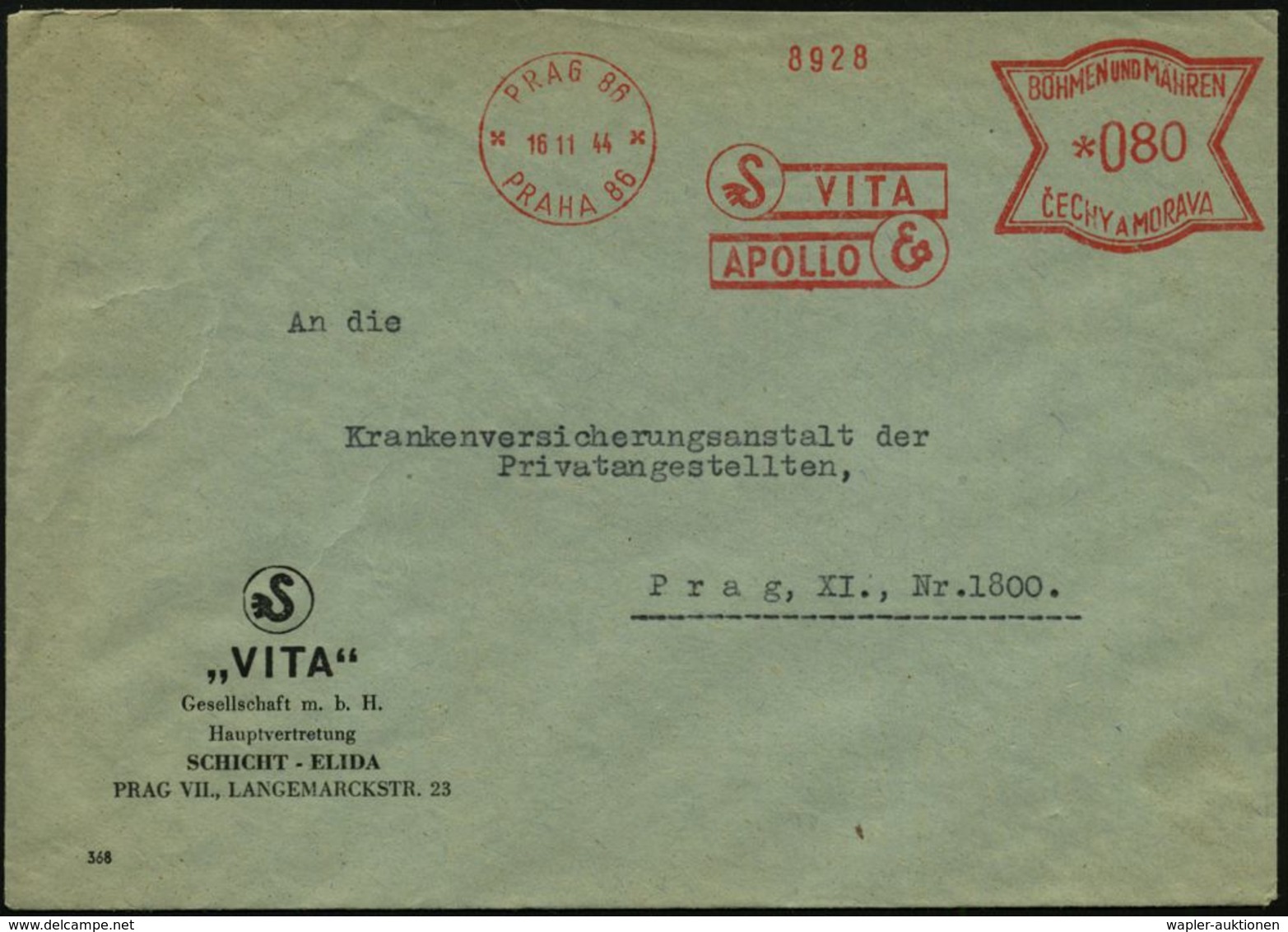 KOSMETIK / PARFÜM : BÖHMEN & MÄHREN 1944 (16.11.) Seltener AFS: PRAG 86/PRAHA 86/S/VITA/APOLLO/E (2 Monogramm:"S" = Schi - Pharmacie