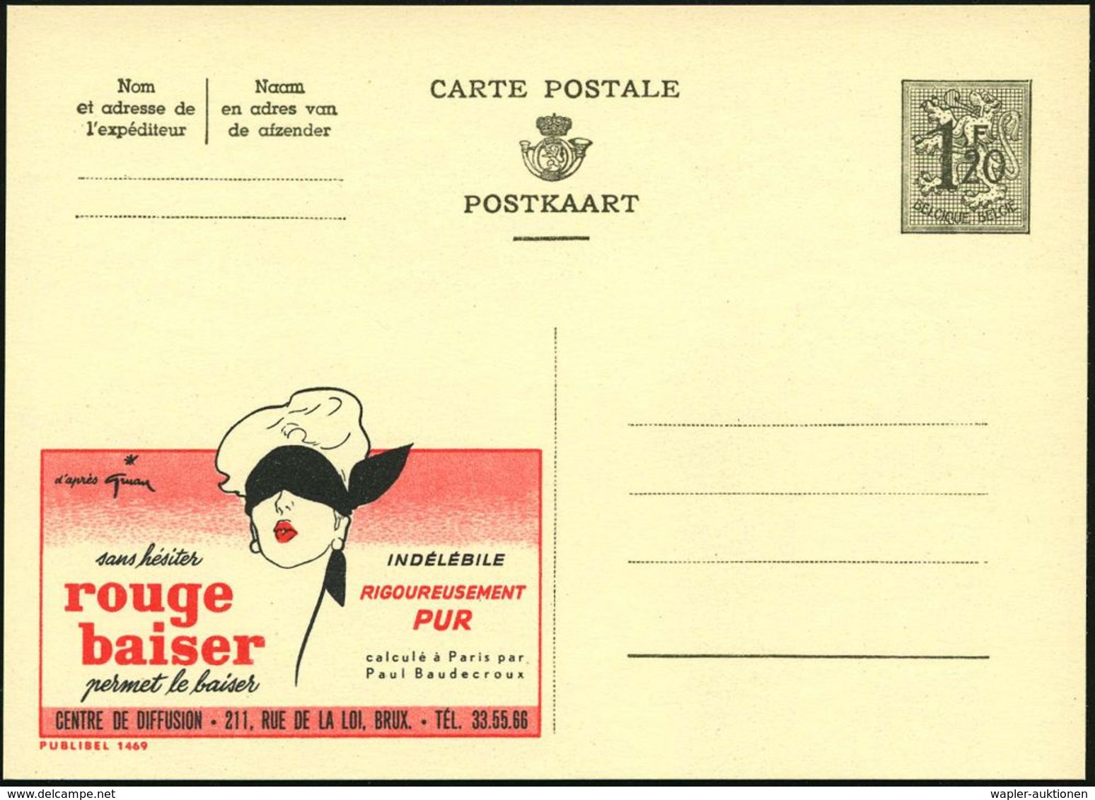 KOSMETIK / PARFÜM : BELGIEN 1954 1,20 F. Reklame-P. Löwe, Oliv: Rouge Baiser/permet Le Baiser.. (Frauenkopf Mit Augenbin - Farmacia