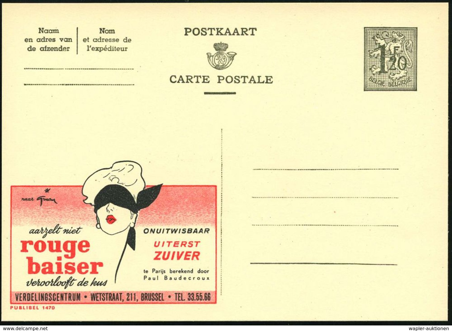 KOSMETIK / PARFÜM : BELGIEN 1954 1,20 F. Reklame-P. Löwe, Oliv: Rouge Biaser/veroorlooft De Kus.. (Frauenkopf Mit Augenb - Pharmacie