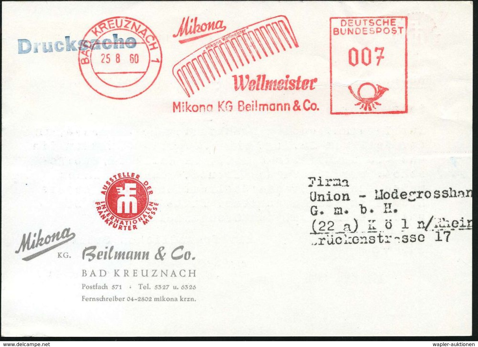 HAAR / BART / RASUR / FRISEUR : BAD KREUZNACH 1/ Mikona/ Wellmeister../ Beilmann & Co 1960 (25.8.) AFS = Kamm , Klar Ges - Pharmacie
