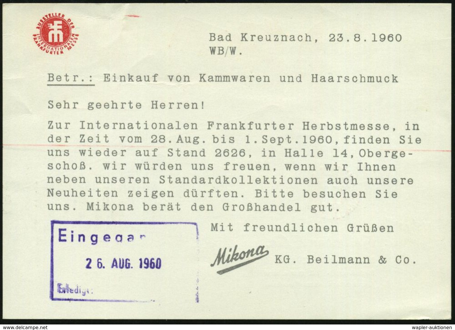 HAAR / BART / RASUR / FRISEUR : BAD KREUZNACH 1/ Mikona/ Wellmeister../ Beilmann & Co 1960 (25.8.) AFS = Kamm , Klar Ges - Pharmacie